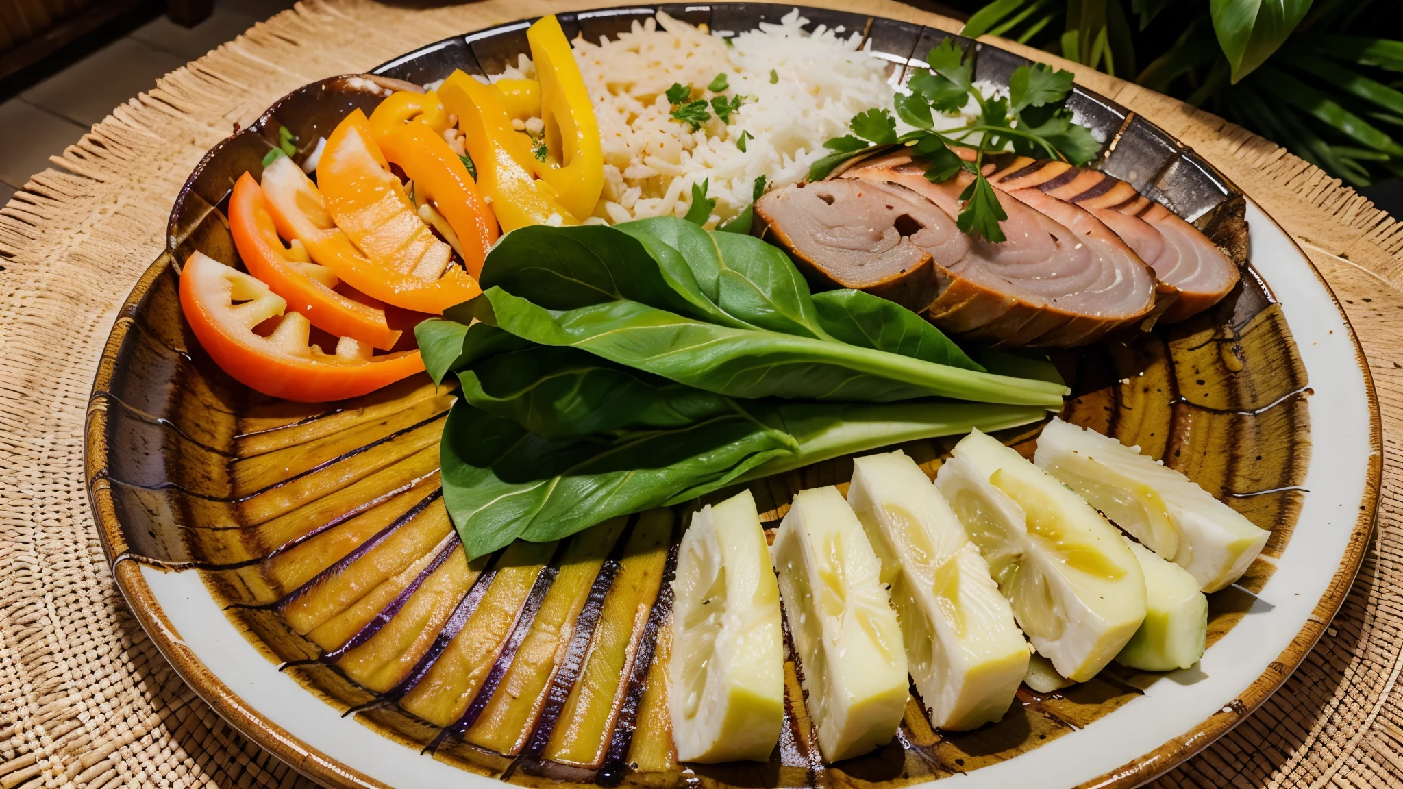 Generate images depicting the vibrant colors and flavors of Kinilaw, a traditional Filipino dish. Show a variety of seafood options commonly used in Kinilaw, such as tuna, salmon, and sea bass, beautifully arranged on a banana leaf-adorned plate. Include ingredients like sliced onions, peppers, and fresh herbs to showcase the preparation process. The images should evoke the tropical atmosphere of the Philippines, with hints of coconut trees and clear blue skies in the background. Capture the essence of Kinilaw's cultural significance and culinary artistry in these visually stunning images.