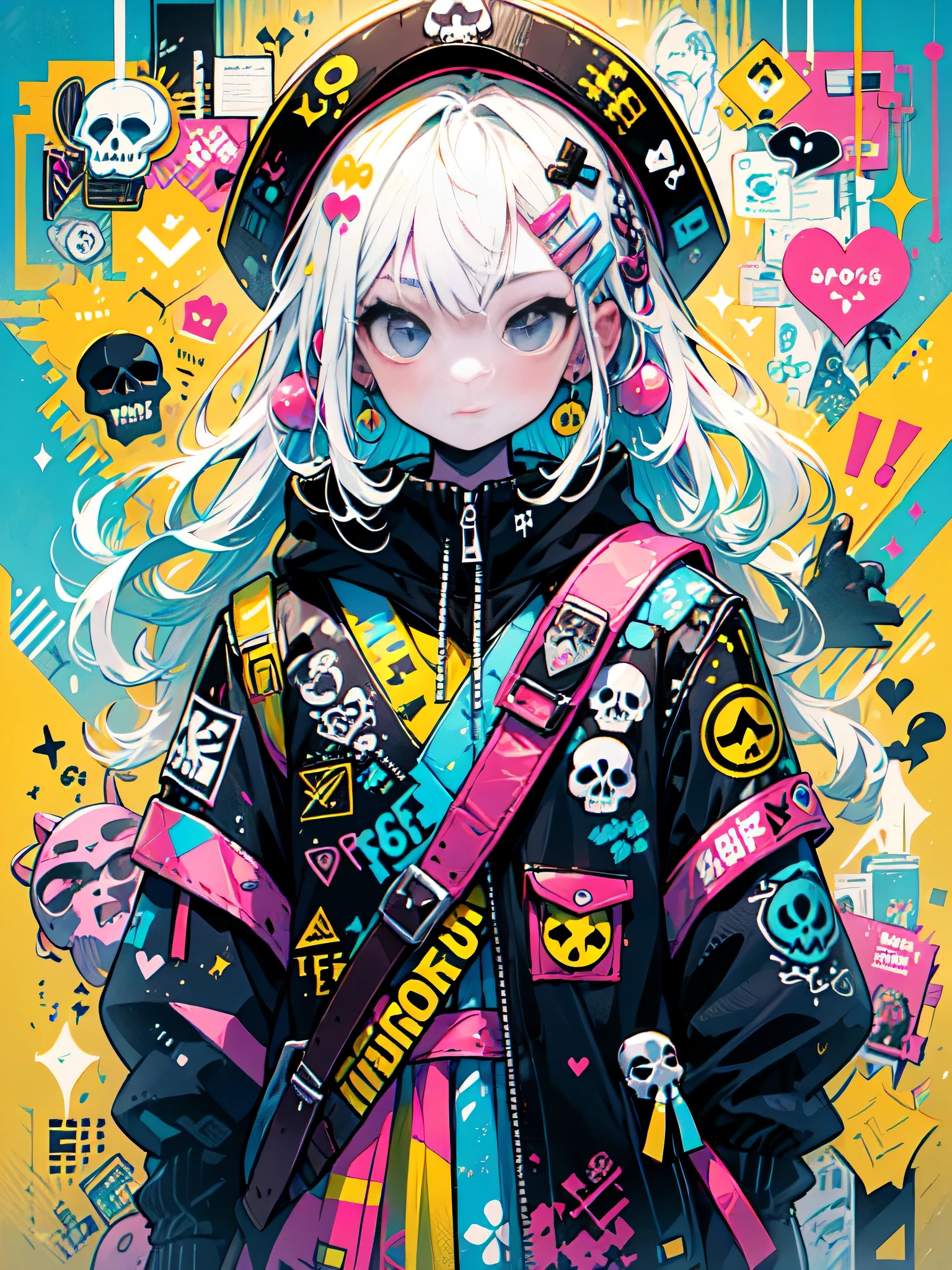 akira toriyama style、"cute, beautiful, Adorable girl in pink clothes, yellow, Baby blue color scheme. She is wearing a skull-motif outfit inspired by female pirates..。.。.。.。.。.。.... Fashionable hats, rock、Comes with decorative accessories such as hair clips. Embodying the vibrant and modern Harajuku fashion style。."
