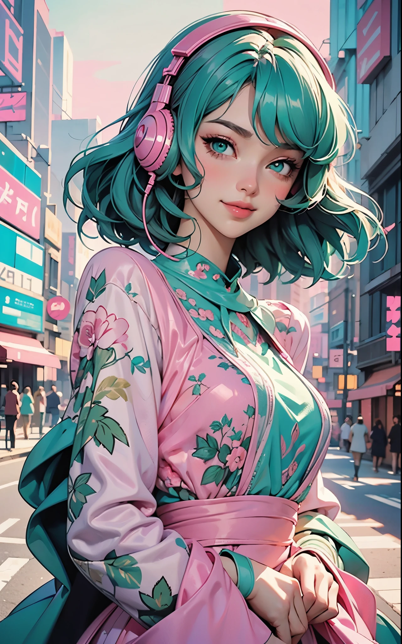 pink dress, smile, model girl wearing headphones, city background, emerald green eyes, intricate details, aesthetically pleasing pastel colors, poster background, art by conrad roset and ilya kuvshinov