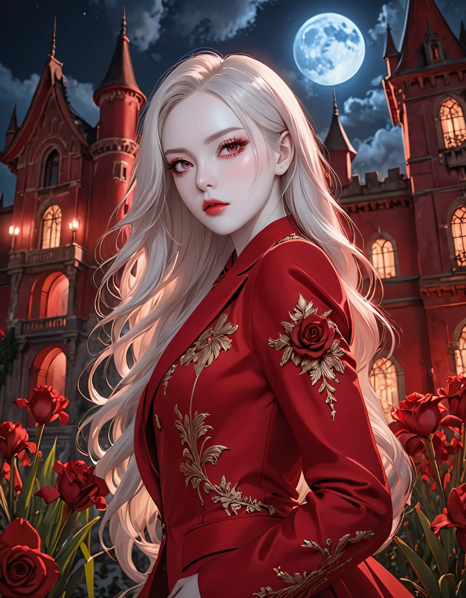 masterpiece, best quality, (focus only), (perfect face:1.1), (high detail:1.1), (Super detailed eyes), dramatic, 1 person, (pale skin), 金色的long hair, (red iris), personal focus, vampire, long hair, moon, night, red luxury suit, Pouting, castle, Detailed background, Artgerm's artwork, movie lighting, Red rose, Fashion