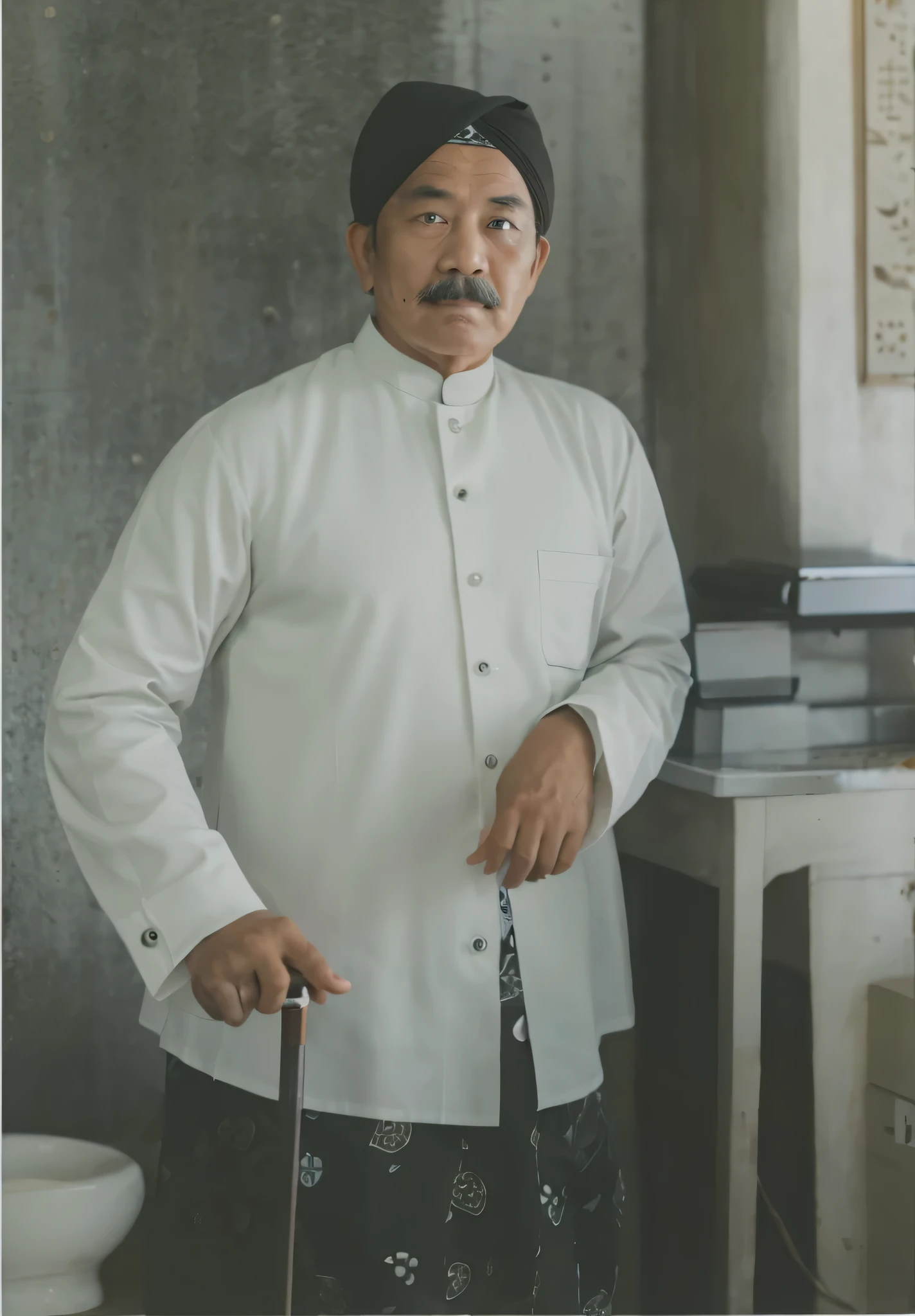 portrait of a man with a black mustache, wearing a head covering, white button-up shirt, and black patterned batik sarong, standing and holding a stick in his right hand