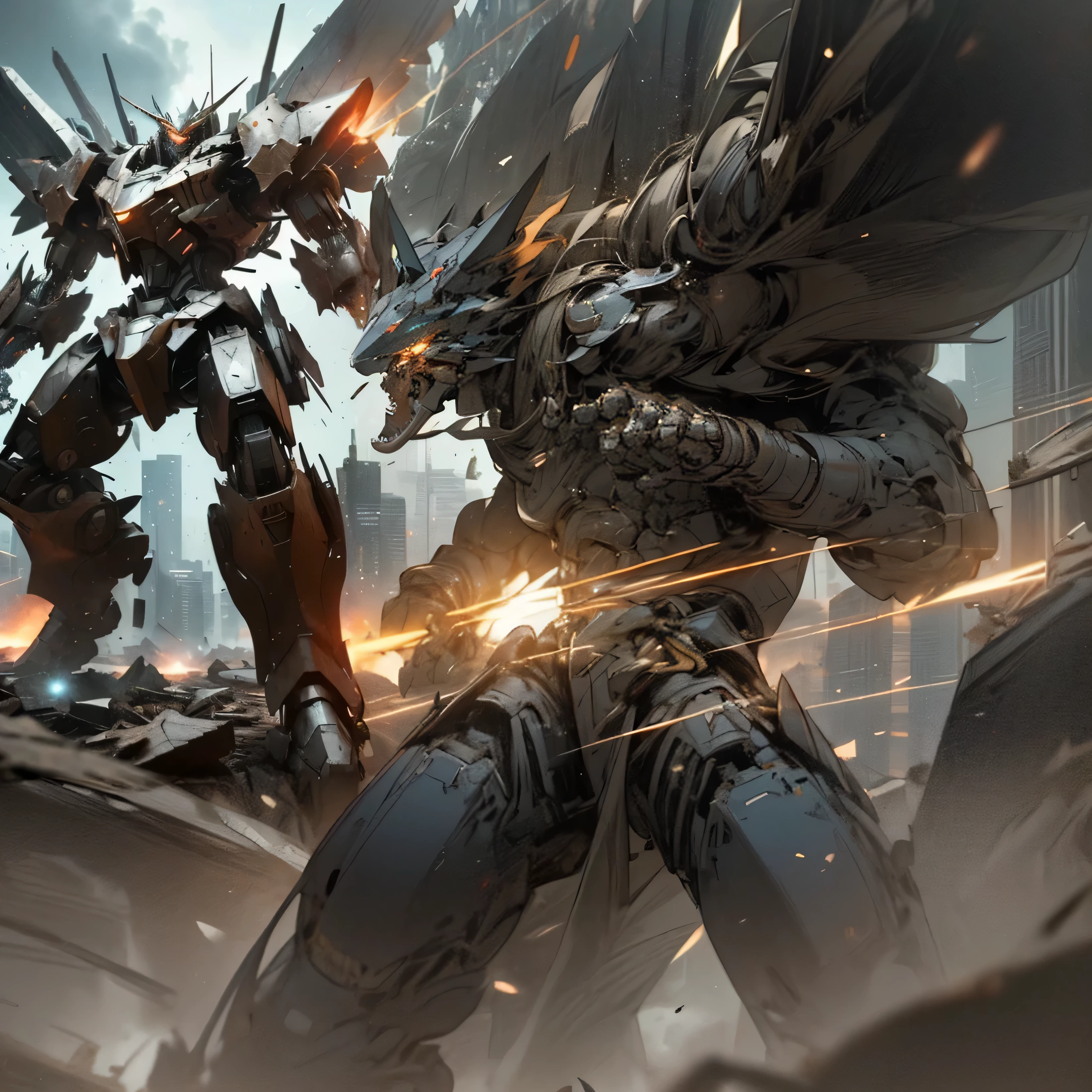 Title: "Anime Mech Clash: AI Art Prompt" Prompt: Envision an electrifying scene set amidst a futuristic cityscape, where towering skyscrapers serve as the backdrop for an epic showdown between colossal anime mechs. Picture two titans of steel locked in a fierce battle, their mechanical limbs moving with precision and agility as they unleash devastating attacks upon each other. One mech, sleek and agile, evokes the image of a swift predator, adorned with streamlined armor and adorned with glowing energy emitters. Its movements are fluid and graceful, evading enemy fire with acrobatic maneuvers while launching barrages of energy blasts from its outstretched arms. The opposing mech, bulkier and more imposing, exudes an aura of brute strength and power. Its armor is rugged and heavily armored, bristling with mounted weapons and menacing appendages. With each thunderous step, the ground trembles beneath its colossal frame as it charges headlong into the fray. The cityscape around them bears the scars of their conflict, with explosions lighting up the night sky and debris raining down upon the streets below. Neon signs flicker and dim amidst the chaos, casting an eerie glow upon the battlefield as onlookers watch in awe and terror from the safety of their homes. Capture the dynamic energy of the battle with bold lines and vibrant colors, infusing the scene with a sense of adrenaline-fueled intensity. Utilize dramatic angles and cinematic compositions to convey the scale and scope of the mechs' clash, immersing viewers in the heart of the action. This AI-generated artwork should transport viewers to a world where giant robots reign supreme, where battles are fought with courage and conviction, and where the fate of humanity hangs in the balance amidst the chaos of war.