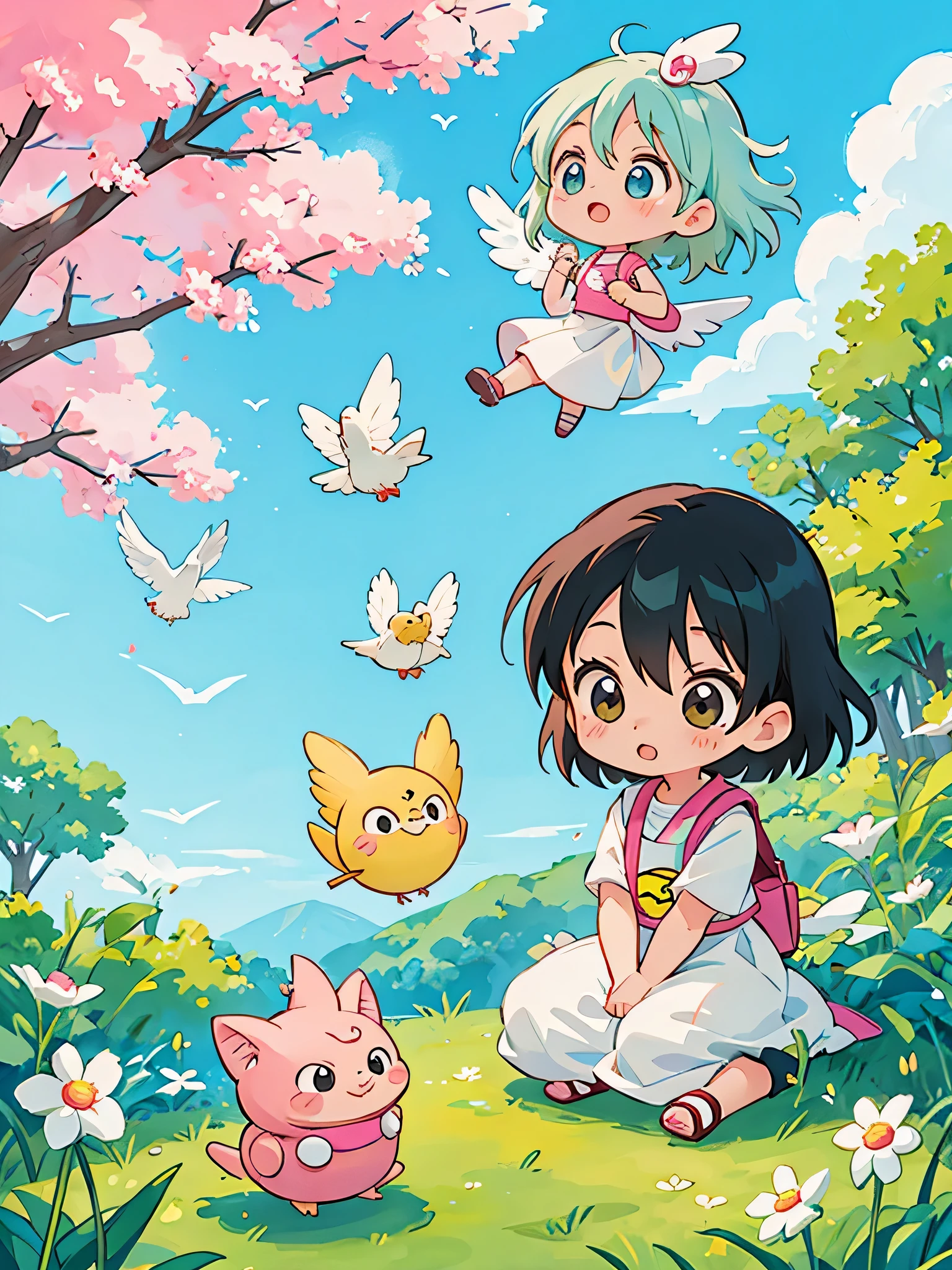 akira toriyama style, Kawaii Design, most beautiful girl ever、Chibi, beautiful spring afternoon、birdie、A girl who transcends time
