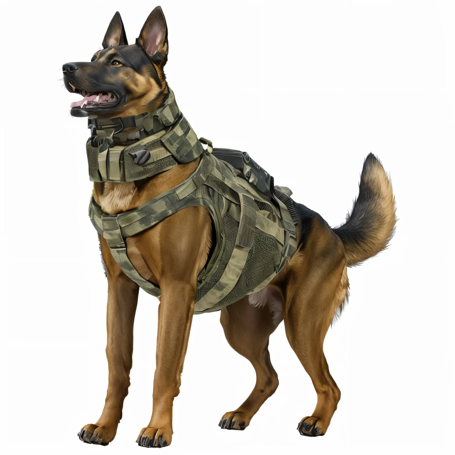 Realistic military gear, raider, an ultra realistic, subject: dog, hound, demo dog, commander, Aggressive, killing face, before attack action pose, saliva from mouth scary eyes, active airs, refine and high detailed fur, Horror face expression a dog in aggression.