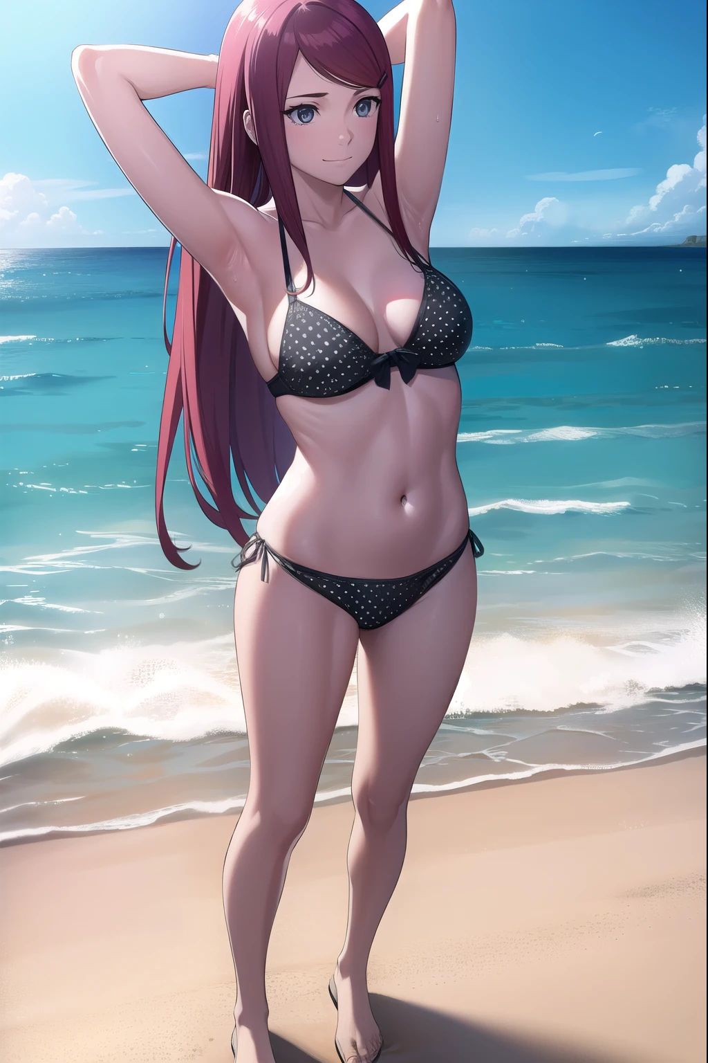 kushina, kushina, long hair, hair ornament, red hair, hairclip, (grey eyes:1.5),
BREAK (polkadots), (frilled bikini), bare shoulder, bikini   BREAK standing outdoors, (cameltoes),BREAK (standing) BREAK Blushing, smiling embarrassed, BREAK (show both armpits), arms behind head
BREAK looking at viewer, full body,arms_above_head,
BREAK outdoors, beach, sea, beach sand, blue skies 
BREAK (masterpiece:1.2), best quality, high resolution, unity 8k wallpaper, (illustration:0.8), (beautiful detailed eyes:1.6), extremely detailed face, perfect lighting, extremely detailed CG, (perfect hands, perfect anatomy), looking from down below  BREAK sweaty body, wet skin, 