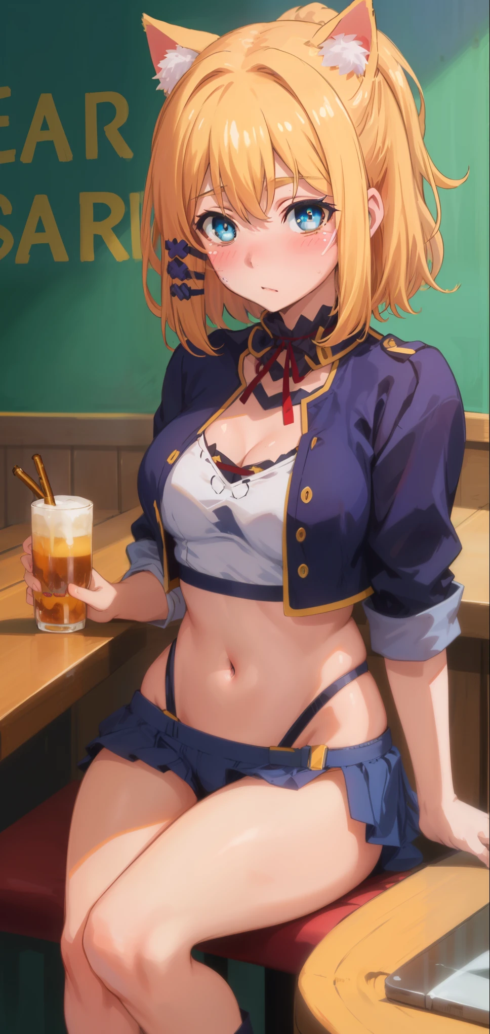 best quality, (masterpiece:1.2), detailed, medieval,
Rumia Tingel,
1girl, solo, ((blush)),
medium hair, blonde hair, short ponytail, blue eyes, green bow, x hair ornament,
((( blue eyes, ultra-detailed eyes))),
Dynamic pose, ((blush)), medium breasts,  medium hair,  background, perfect anatomy, healthy skin,  glowing eyes, cat ears. ((((sitting in a bar)))). (((((Casual clothes, navel, healthy skin))))),  confident. (((Dominatrix, authority, merciless)))