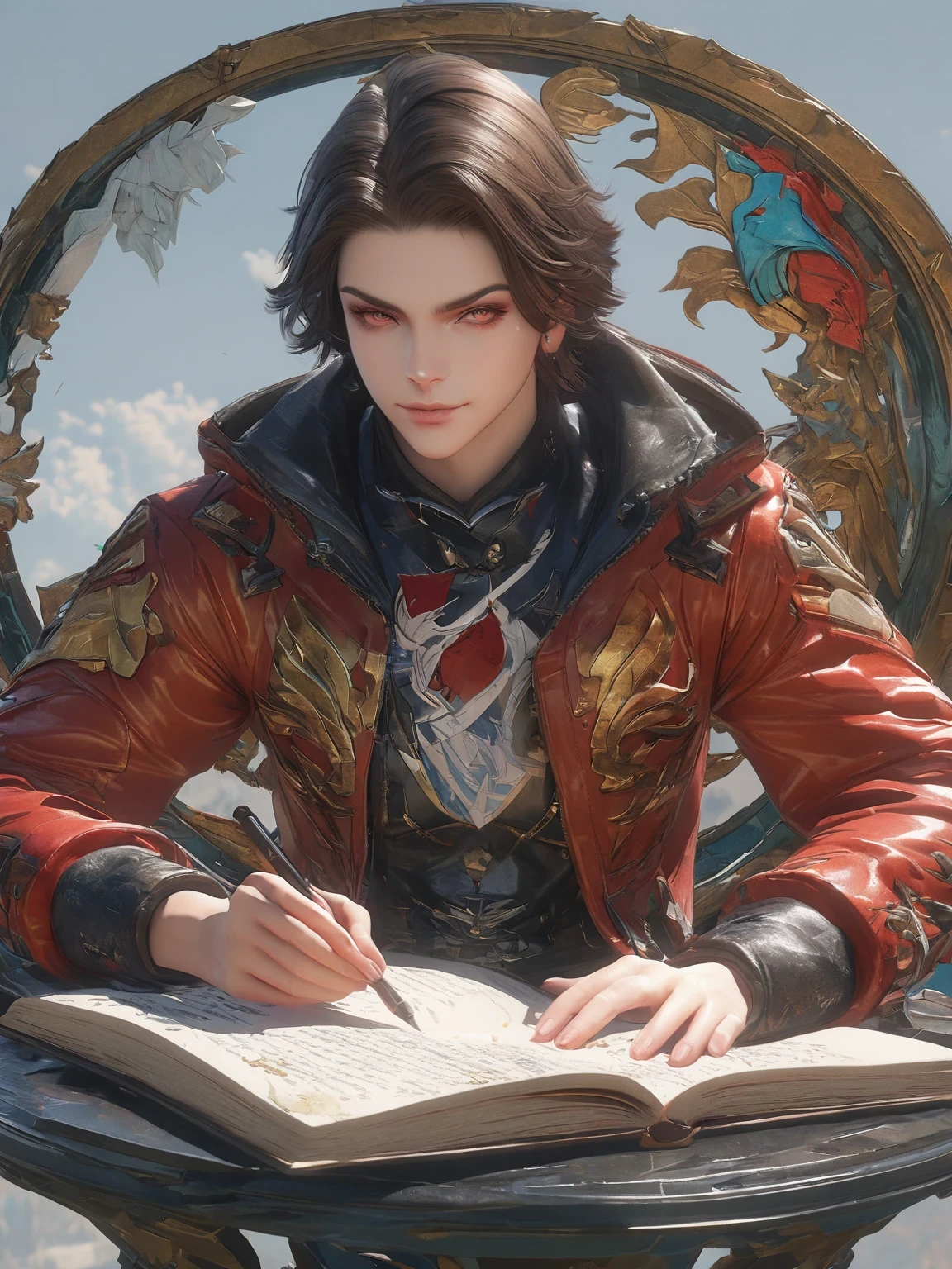 diy13，Highest quality, ultra-high definition, masterpieces, 8k, realistic, anime styled, 3d render，a close up of a person writing a book , jc leyendecker and sachin teng, james jean and wlop, james jean and peter mohrbacher, alphonse mucha and rossdraws, sachin teng, james jean marc simonetti, artgerm and james jean, in the art style of mohrbacher