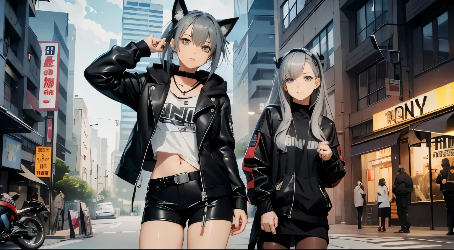 high quality、cyber punk、girl2people、mechanic、comical、anime style etc.、gray hair、bike、leather jacket、punk coloring、city、ナイトcity、Street style、graffiti、hoodie、middle age、tall woman、military、Knee-high boots、weapons、night、二people組、teammates、The touch of the picture is black lagoon style