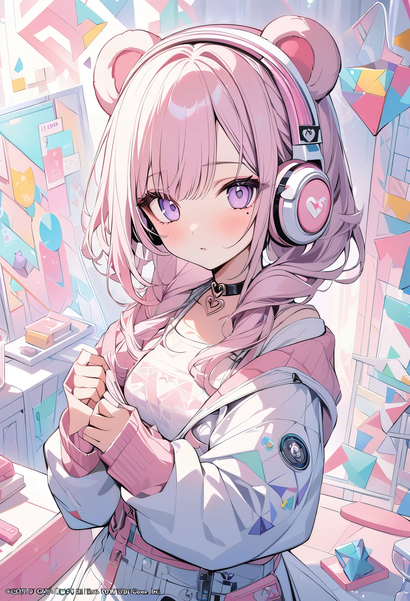 Anime girl with headphones and pink hair in a room - SeaArt AI