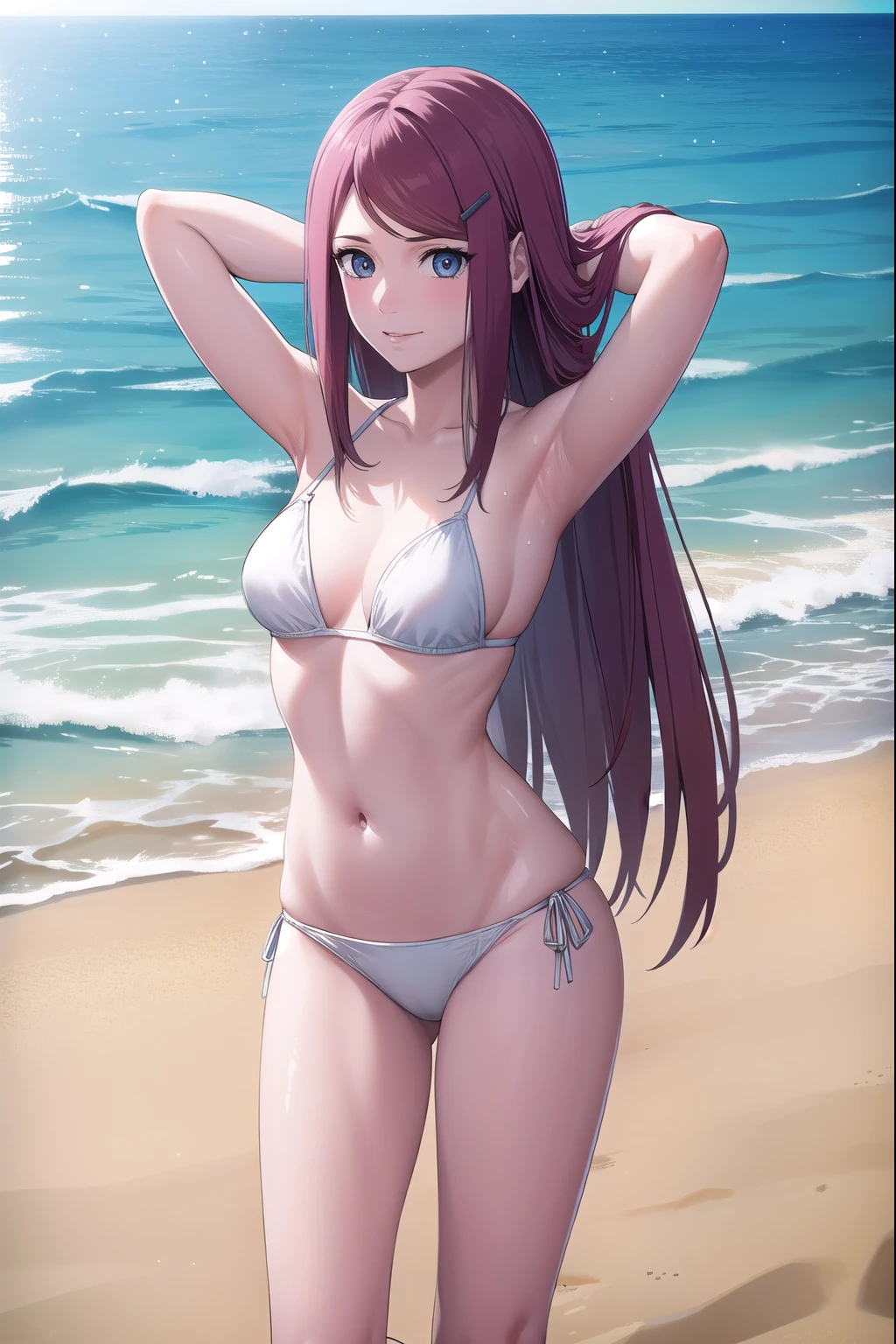 kushina, kushina, long hair, hair ornament, red hair, hairclip, (grey eyes:1.5),
BREAK (pink frilled bikini), bare shoulder, bikini   BREAK standing outdoors, (cameltoes),BREAK (standing) BREAK Blushing, smiling embarrassed, BREAK (show both armpits), arms behind head
BREAK looking at viewer, full body,arms_above_head,
BREAK outdoors, beach, sea, beach sand, blue skies 
BREAK (masterpiece:1.2), best quality, high resolution, unity 8k wallpaper, (illustration:0.8), (beautiful detailed eyes:1.6), extremely detailed face, perfect lighting, extremely detailed CG, (perfect hands, perfect anatomy), looking from  up above BREAK sweaty body, wet skin, 