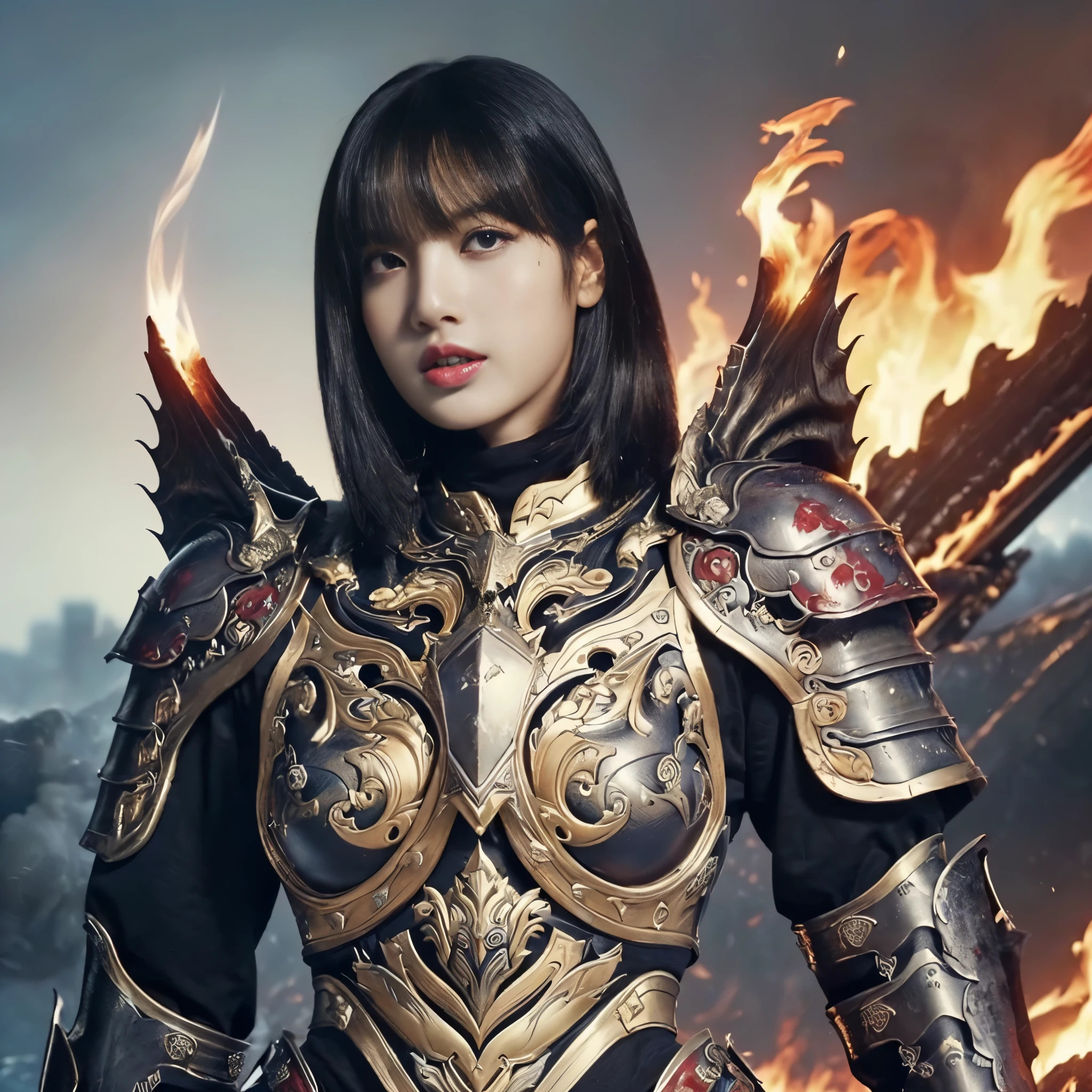 (((Realistic, masterpiece, best quality, crisp detail, high definition, high detail, sharp focus, perfect studio lightning, rich color, very rich detail))), 20 years old ((lisa blackpink)), wearing ((full decorated heavy golden armor, beautiful decorated armor, full body armor)), ((long straight, rainbow color)) hair, ideal body, big breast, dirty, sweating, ((bloodstained face, blood scattered armor, long blood scattered sword hanged on back, fire tornado)),(( fire everywhere, smoke everywhere, blood everywhere, death everywhere,)), ((( fierce dragon, colossal war,hell)) background), war zone, battle ground