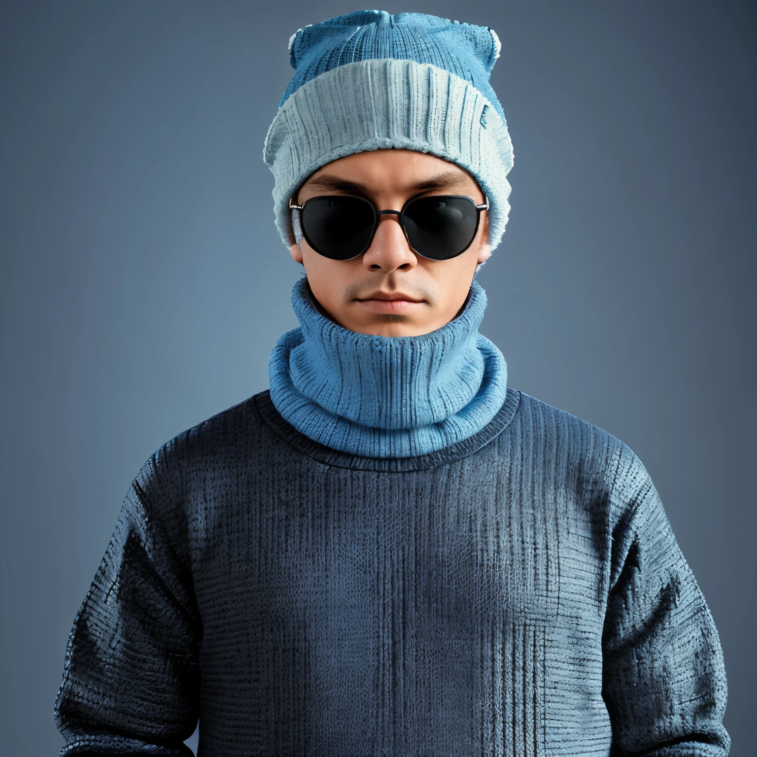 8 bit version of a boy with swag cold outfit with knitted beanie and shades. Blue plain bandana on background all 8-bit style