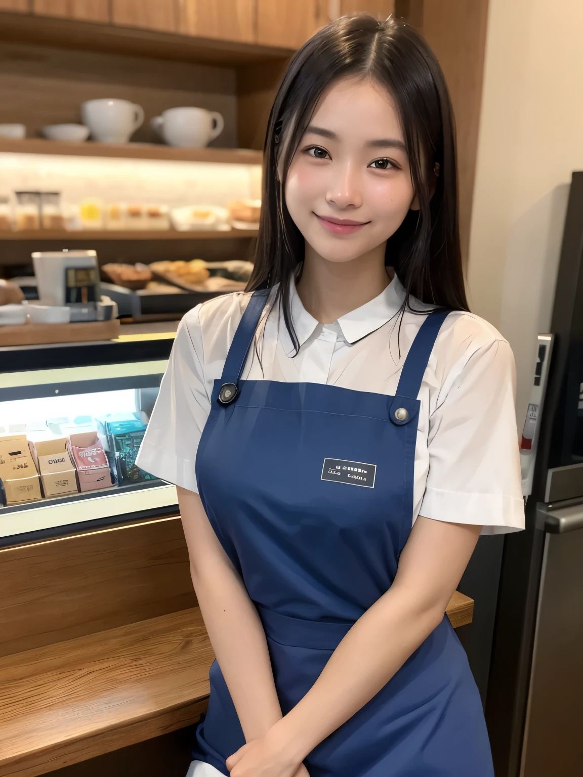 Best picture quality (8K, high resolution, Masterpiece: 1.2), super detailed,  215 Short Hair,Three braids long hair, 16-year-old woman, 

Fast food worker preparing soft drinks: A girl is pouring a soft drink into a cup。
detailed:
angle: A shot showing the drink dispenser and the girl。In the background are a refrigerator and syrup containers.。
clothing: Uniform polo shirt、apron、cap。
atmosphere: A busy corner of the store、Second-rate々And the efficiency with which they handled the orders.。
action: A girl pours a soft drink into a cup、He closes the lid and prepares to offer the straw.。


Active Pause ,
Beside her、The thunder danced。
Close up shot of face


, random cute pose ,big eyes ,Puffy eyes ,  Heart Pupil, blush  , huge shy smile , salute




