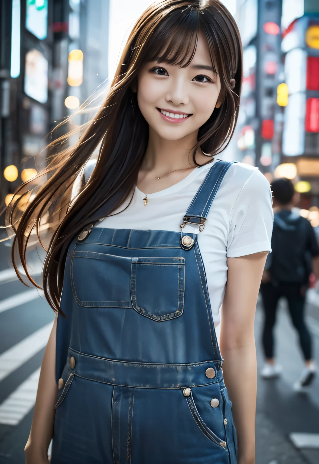 (((City:1.3,outdoor, Photographed from the front))), ((long hair:1.3, overalls,japanese woman, Smile,cute)), (clean, natural makeup), (highest quality, masterpiece:1.3, 超High resolution), (Super detailed, caustics), (realistic:1.4, RAW shooting), very detailed, High resolution, 16K resolution