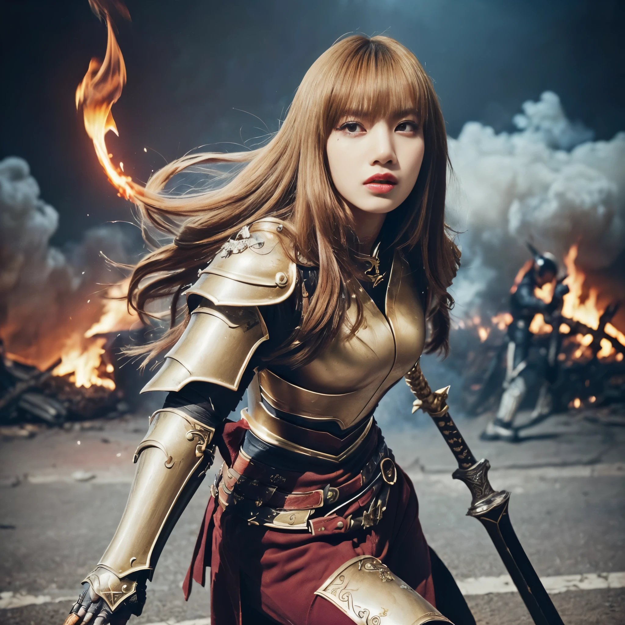 (((Realistic, masterpiece, best quality, crisp detail, high definition, high detail, sharp focus, perfect studio lightning, rich color, very rich detail))), 20 years old ((lisa blackpink)), wearing ((full decorated heavy golden armor, beautiful decorated armor, full body armor)), ((long straight, rainbow color)) hair, ideal body, big breast, dirty, sweating, ((bloodstained face, blood scattered armor, long blood scattered sword hanged on back, fire tornado)),(( fire everywhere, smoke everywhere, blood everywhere, death everywhere,flying stance, fighting stance)), ((( fierce dragon, colossal war,hell)) background), war zone, battle ground