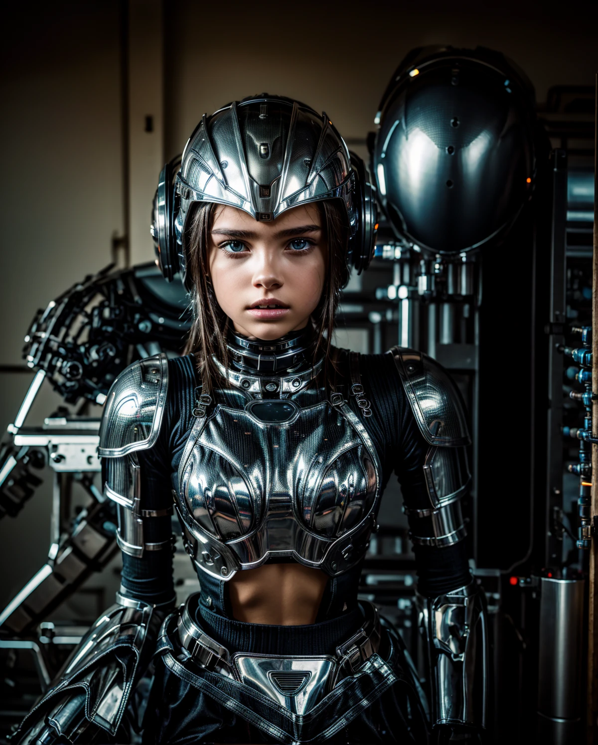 Young girl in mech chrome armor in the desert and twilight with a eagle beak shaped chrome robot behind her. Air is fill of dust and smoke from the battlefield. Sci Fi movie scene.  complex, highly detailed, and dramatic, cinematic lighting, professionally color graded, professional photography, well drawn, masterpiece, hyper realistic, ultra detailed, high quality, best quality, 4k, 8k, hi resolution