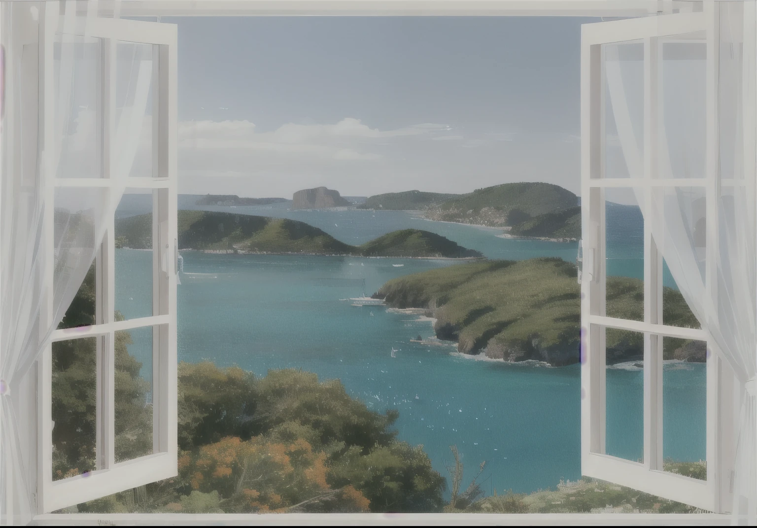 Bay view with a boat outside the window, beautiful beautiful view, unparalleled views, very beautiful scenery, Beautiful detailed background, detailed beautiful view, stunning scenery, There is a window to see the sea, beauty of natural landscape, beautiful sea view, very very beautiful scenery, Open window ib background, beautiful view, stunning scenery, beautiful scenery, Window view