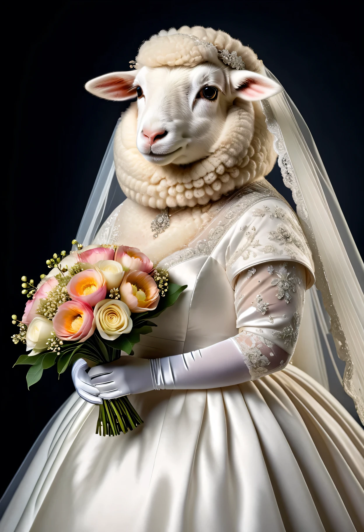 photorealistic portrait of Dressed animals - a ((fat)) sheep,(elegant pose:1.2 ),(furry),(looking to the side:2.0), high quality,(lovely) ,intricate details, highly detailed (( wedding dress)) ,wearing highly detailed veil, wearing opera gloves, highly detailed decorations ,holding flower bouquet, (happy), studio lighting,()