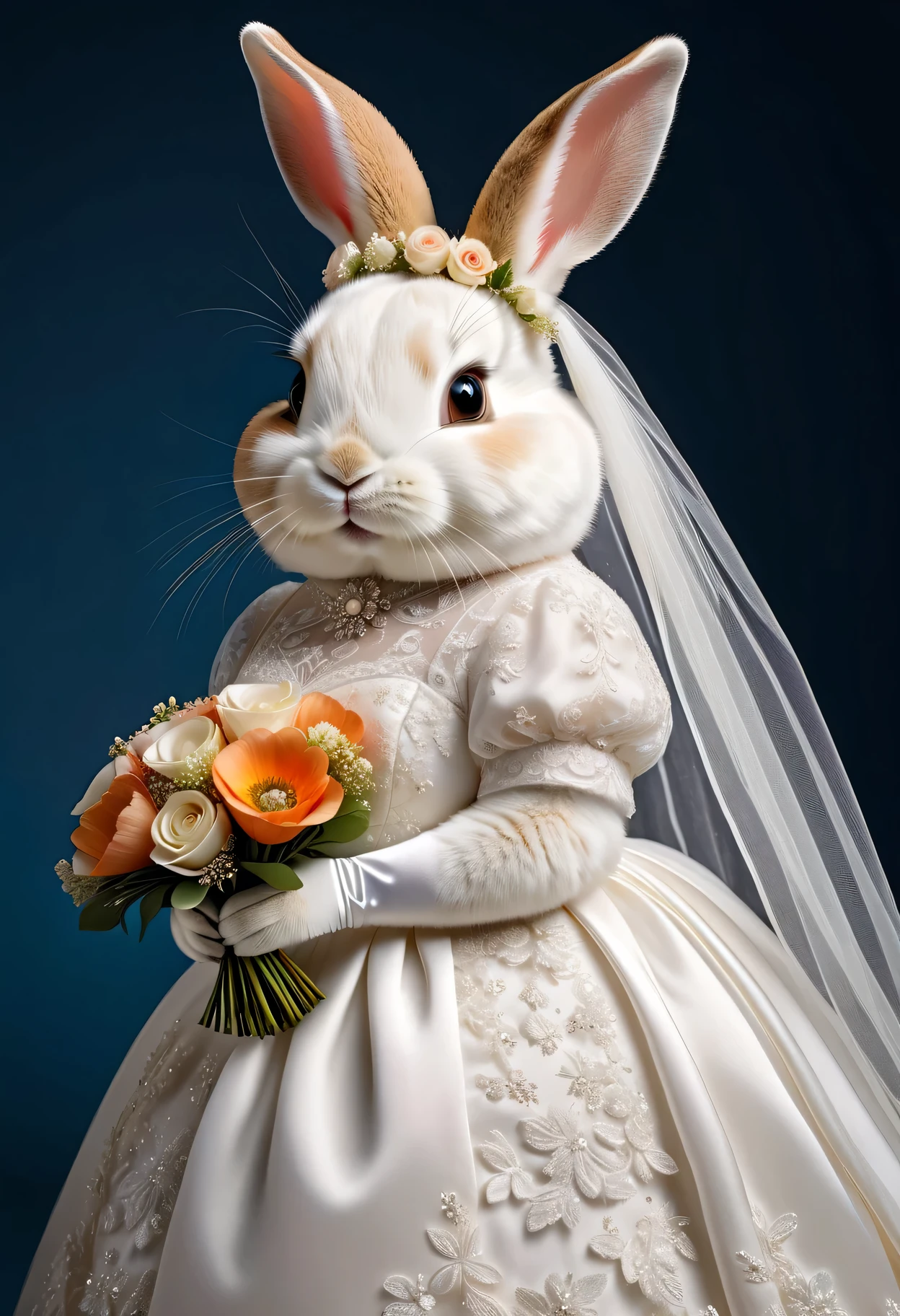 photorealistic portrait of Dressed animals - a ((fat)) cute rabbit,(elegant pose:1.2 ),(furry),(looking to the side:2.0), high quality,(lovely) ,intricate details, highly detailed (( wedding dress)) ,wearing highly detailed veil, wearing opera gloves, highly detailed decorations ,holding flower bouquet, (happy), studio lighting,()