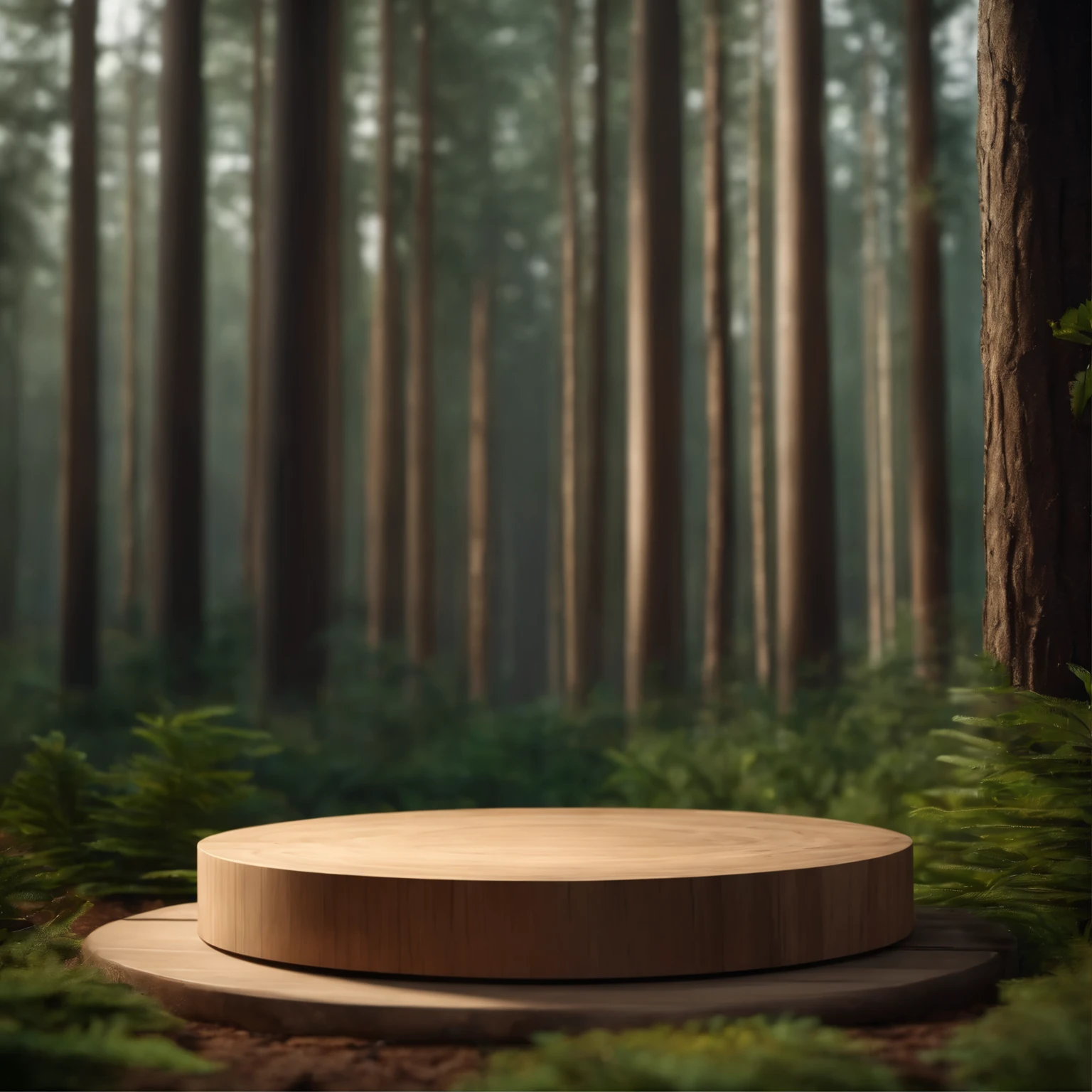 wooden podium scene of wooden disc shape mockup with forest background , JPG