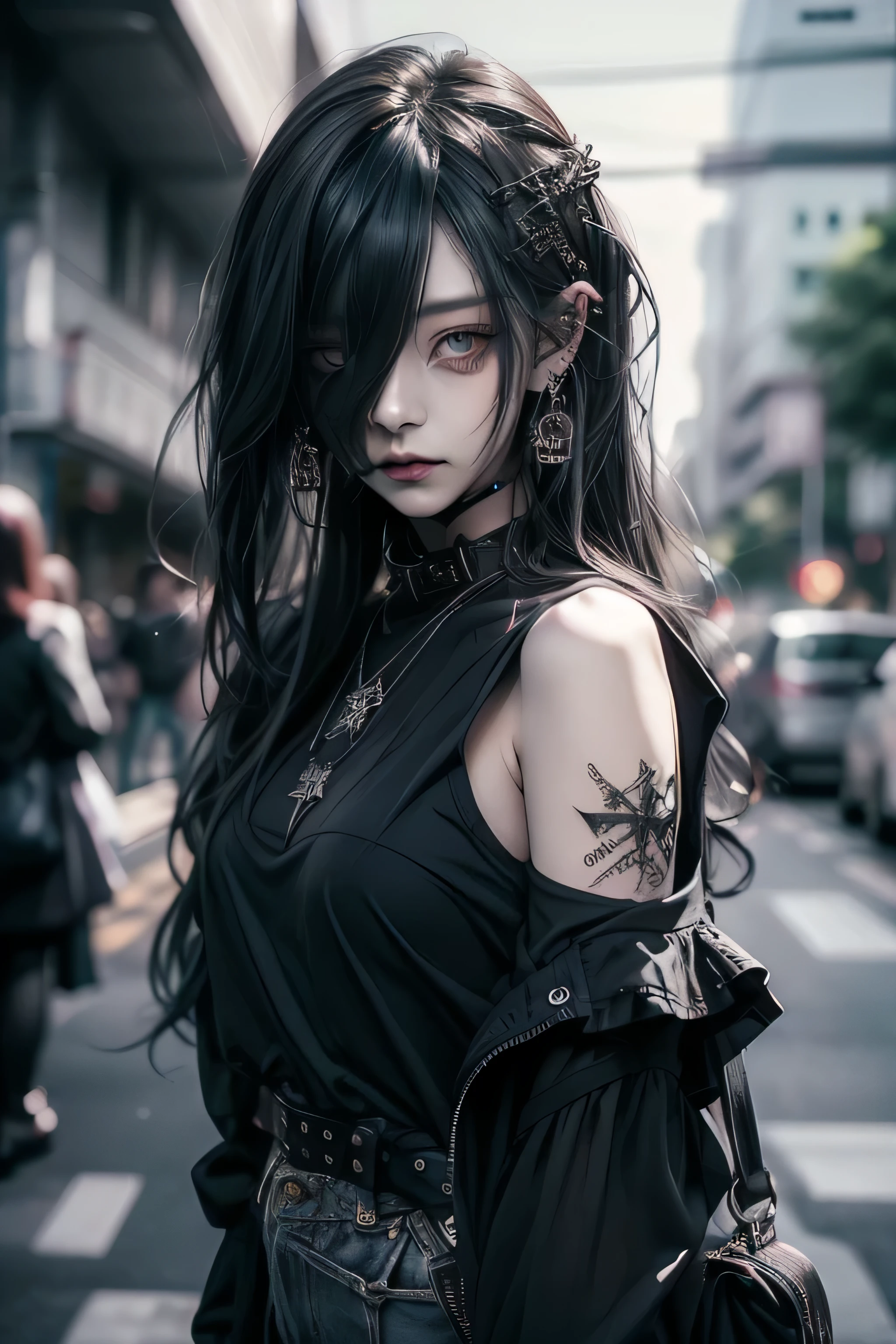 top-quality、8K、​masterpiece：1.3、Gothic punk、Red inner color、A dark-haired、hair adornments、a beauty girl、creative、dark fantasy style、Neogos、Goth Fashion：1.2、hight resolution、​masterpiece、top-quality、headw:1.3、((Hasselblad photo))、Fine-grained skin、Sharp Focus、(lighting like a movie)、Realistic texture m hair