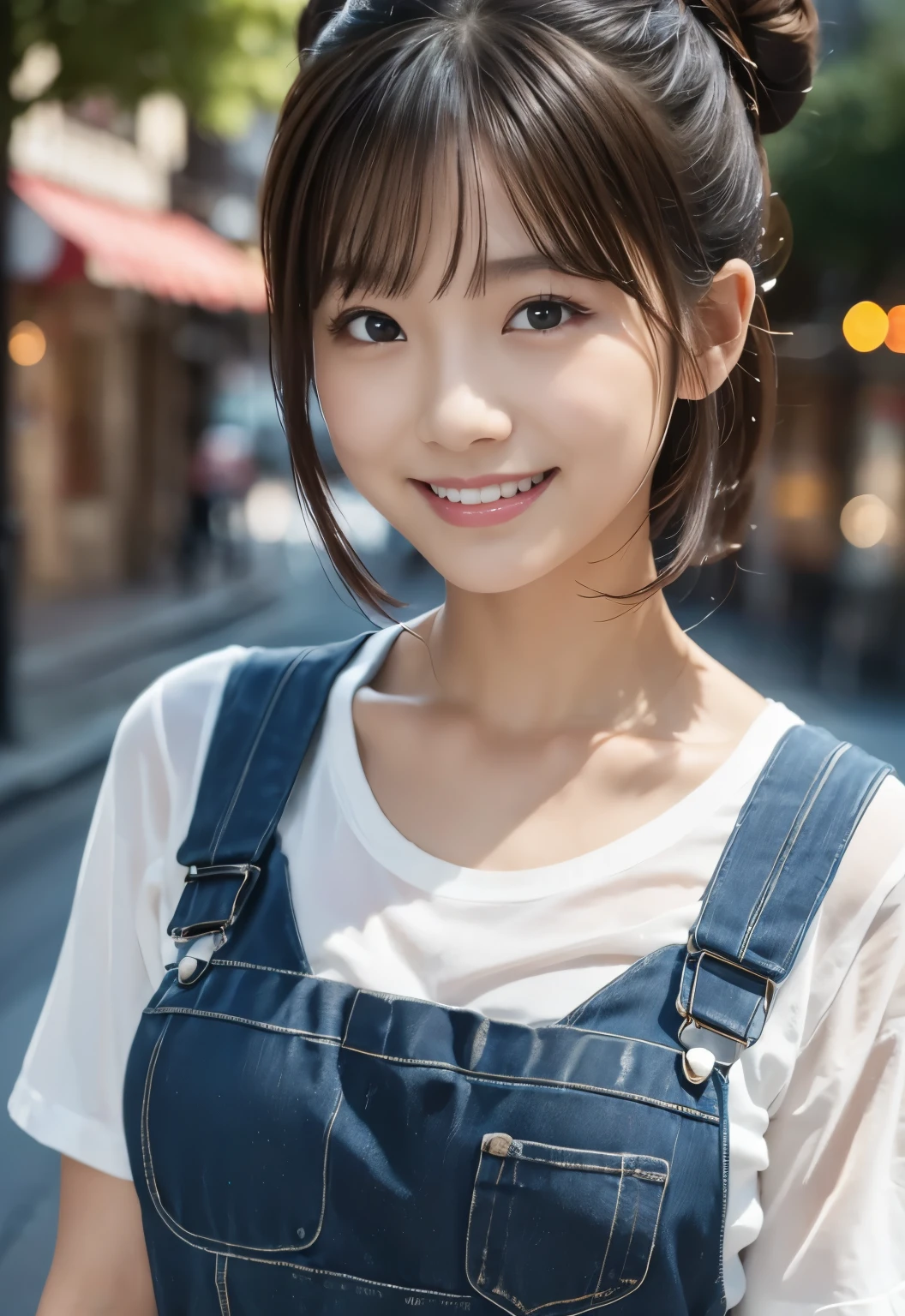 (((City:1.3,outdoor, Photographed from the front))), ((bun hair:1.3, overalls,japanese woman, Smile,cute)), (clean, natural makeup), (highest quality, masterpiece:1.3, 超High resolution), (Super detailed, caustics), (realistic:1.4, RAW shooting), very detailed, High resolution, 16K resolution