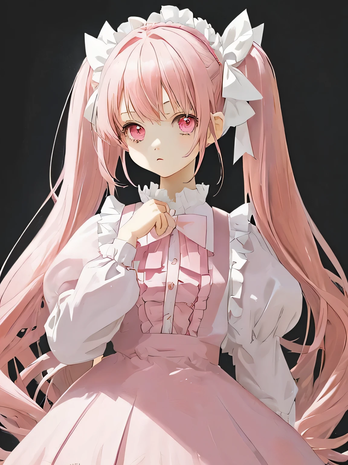 1 girl, pink hair, long twin tails, pink shirt, puffy collar, white fluffy skirt, control your mind with your hands, white ribbon in hair, Lots of hair accessories, ta
