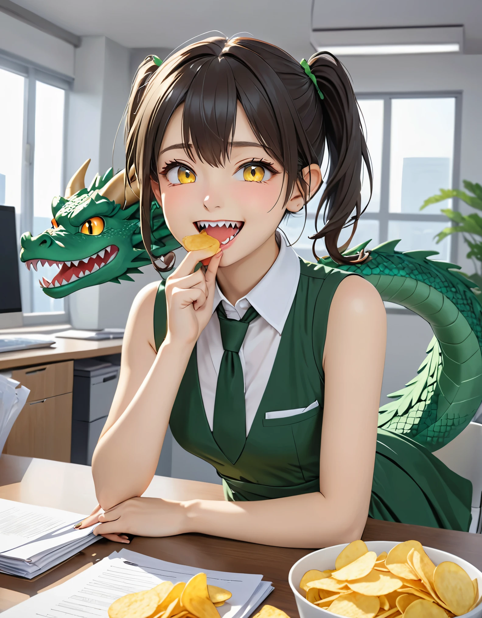momok, halo, short twintails, horn, bright pupils, ahog, pointed ears, (Dragon tail:1.1), collareD Dress, sleeveless Dress, tie, small breasts, (Point to viewer:1.035), break laughter, cover mouth, hanD to own mouth, sharp teeth, (smug:1.2), :D, open mouth, , inDoors, office, sitting on Desk, holDing fooD, (bag of potato chips:0.7),