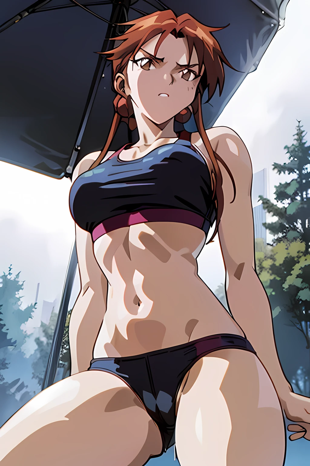 masterpiece, best quality, anime 1990s \(style\, sport bra, shorts. gym, wet