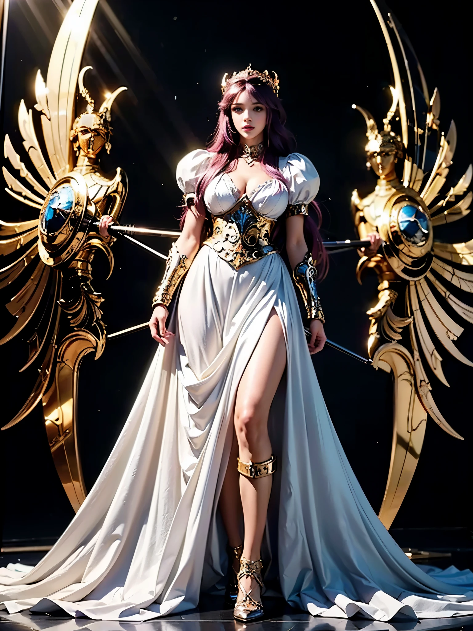 Full body image of a girl wearing ornate armor，Greek temple，((8k+ultra high resolution+ultra high definition+masterpiece+Very detailed+Award-winning+The award-winning)),(perfect face+supermodel+Delicate skin+long purple hair+huge breasts+perfect hands+beautiful hands+perfect hands指+beautiful hands指+perfect legs+perfect feet),[[[muscle]]],(((anatomically correct))) ,Kido_Saori，saori_sleeveless_white_dress，saori_accessorie，sstaff_Nikke，athena_shield，athenaCloth_armor，saori_puffy_sleeves_white_dress，