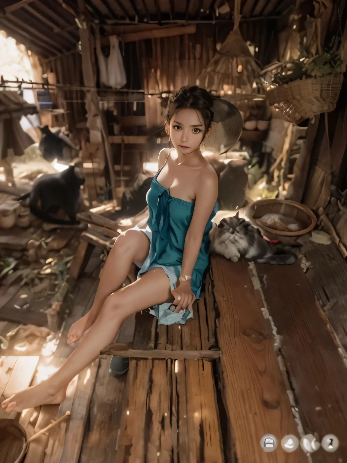 Woman sitting on a wooden bench in a hut with a cat, traditional beauty, 8k)), The photos were leaked., With a new beauty, she is about 1 6 years old, Fascinating and fascinating, Very high quality images, good girl,big breasts, big breast, Wear dirty travel clothes.