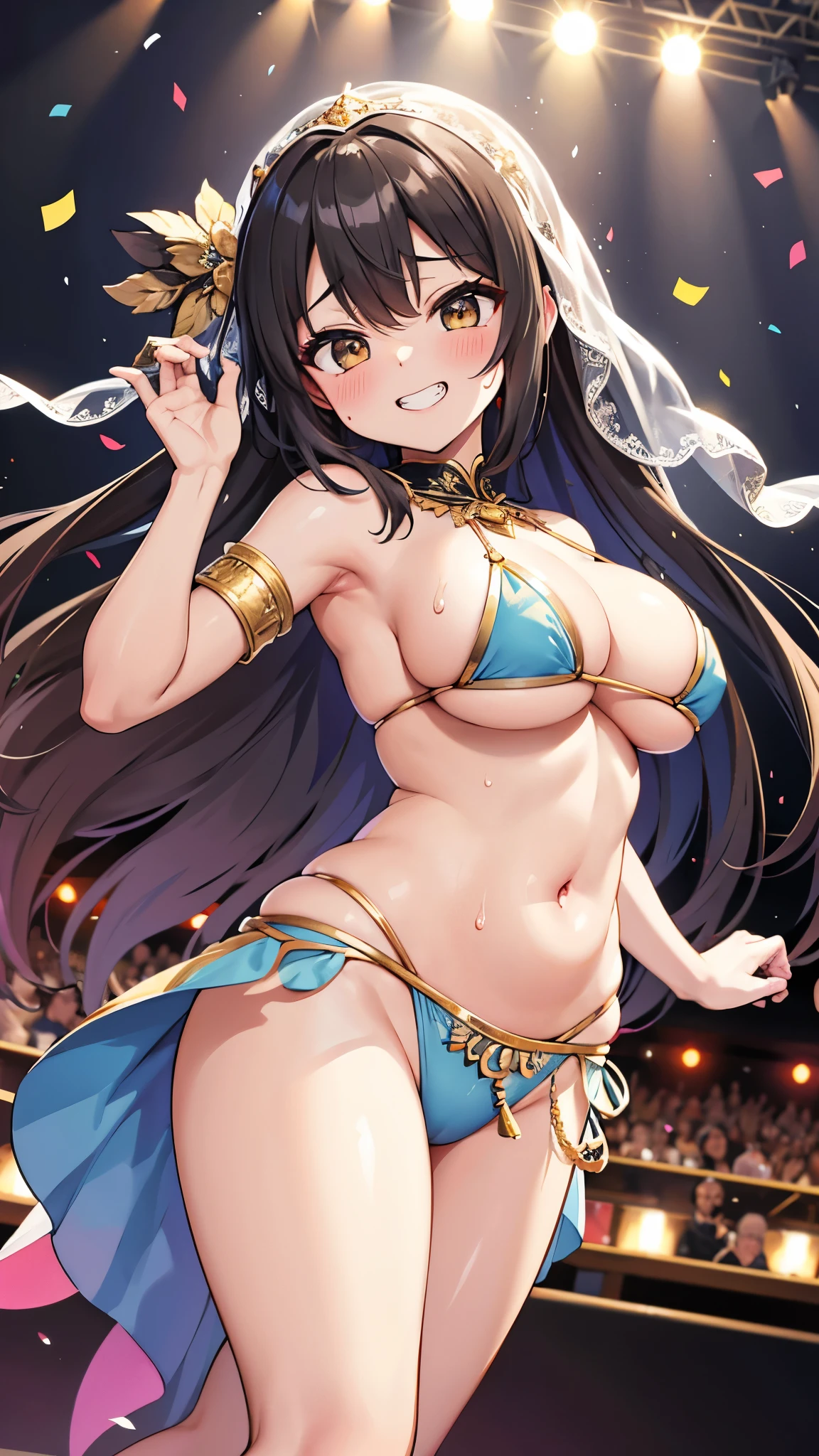 Yui, big and full breasts, {belly dancer}, veil, , cabaret, a large crowd gathers, {{{High resolution}}}, {{{table top}}}, {{high quality}}, Sweat, NSFW, Sweatをかいている, Surrounded by several men, striptease, sculpture installation, confetti, stage light, fisheye lens, The wind is blowing, Do belly dancing, grin and laugh, Sweat flies,