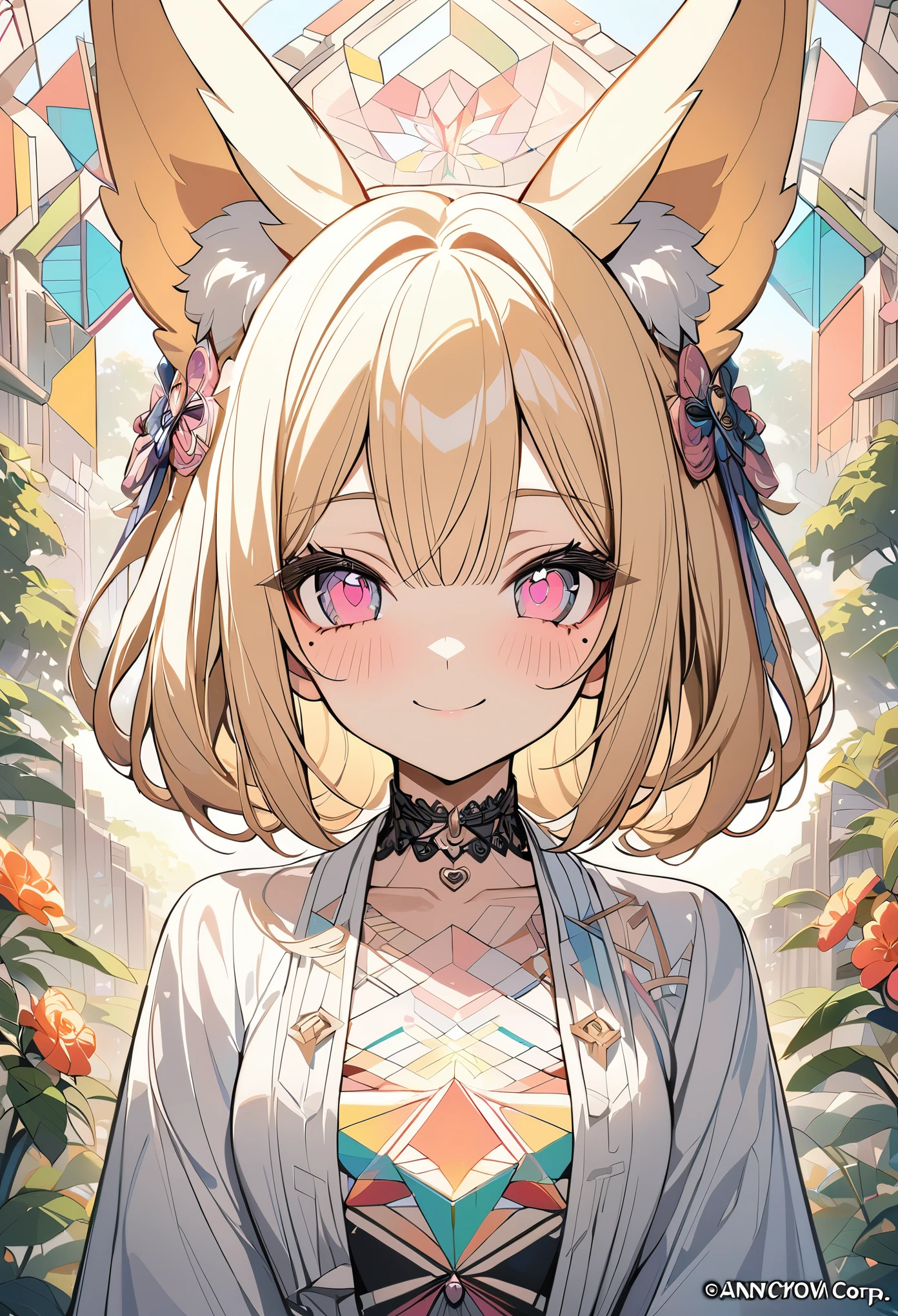 1 girl, blonde bob hair, heart shaped eyes, fox ears, {girl with blonde bob hair named nao}, (Pink eye color), (smile), bright background , mole under eye, Star-shaped choker, (masterpiece, highest quality), very detailed, highest quality, official art, beautiful and aesthetic: 1.2), (1 girl), very detailed, (geometry art: 1.3), colorful, most detailed ,(garden,beautiful flower々), (masterpiece, highest quality), official art, beautiful and aesthetic: 1.2), (1 girl), very detailed, (geometry art: 1.3), colorful