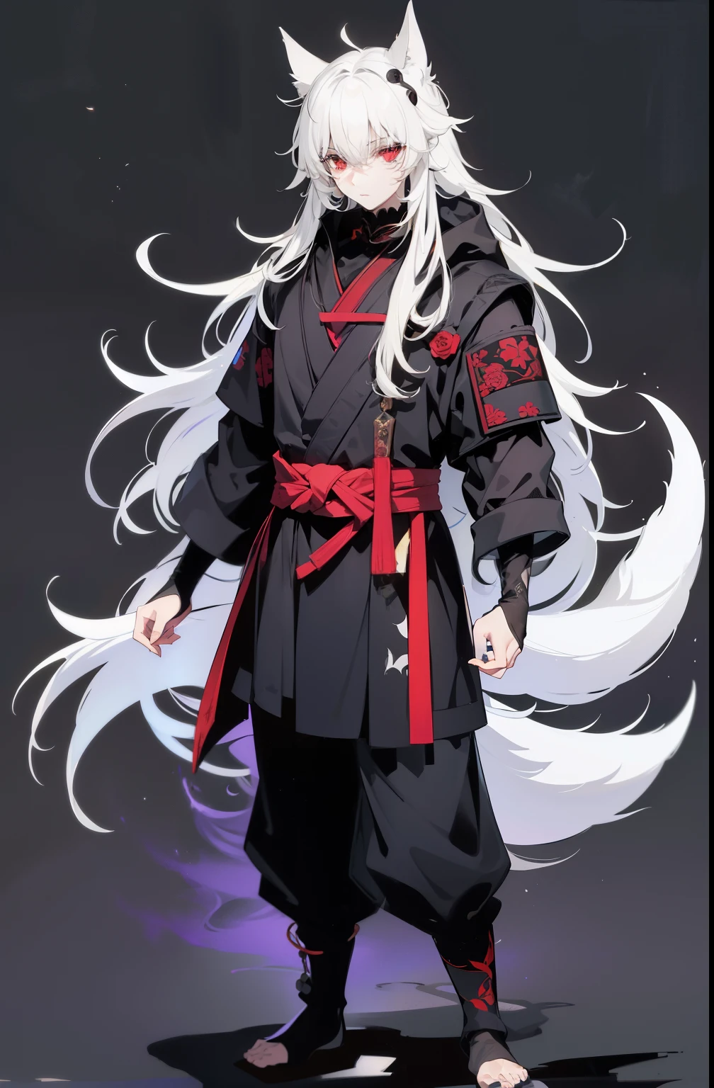 (melhor qualidade)), ((obra-prima)), (altamente detalhado:1.3) pale, slender man resembling Count D (petshop of horrors) with long, curly white hair that reaches to the floor and red eyes with a luxurious kimono, holding a fan lying on the thick branches of a white tree at night on a red moon night, rosto delicado, androgynous, rosto detalhado