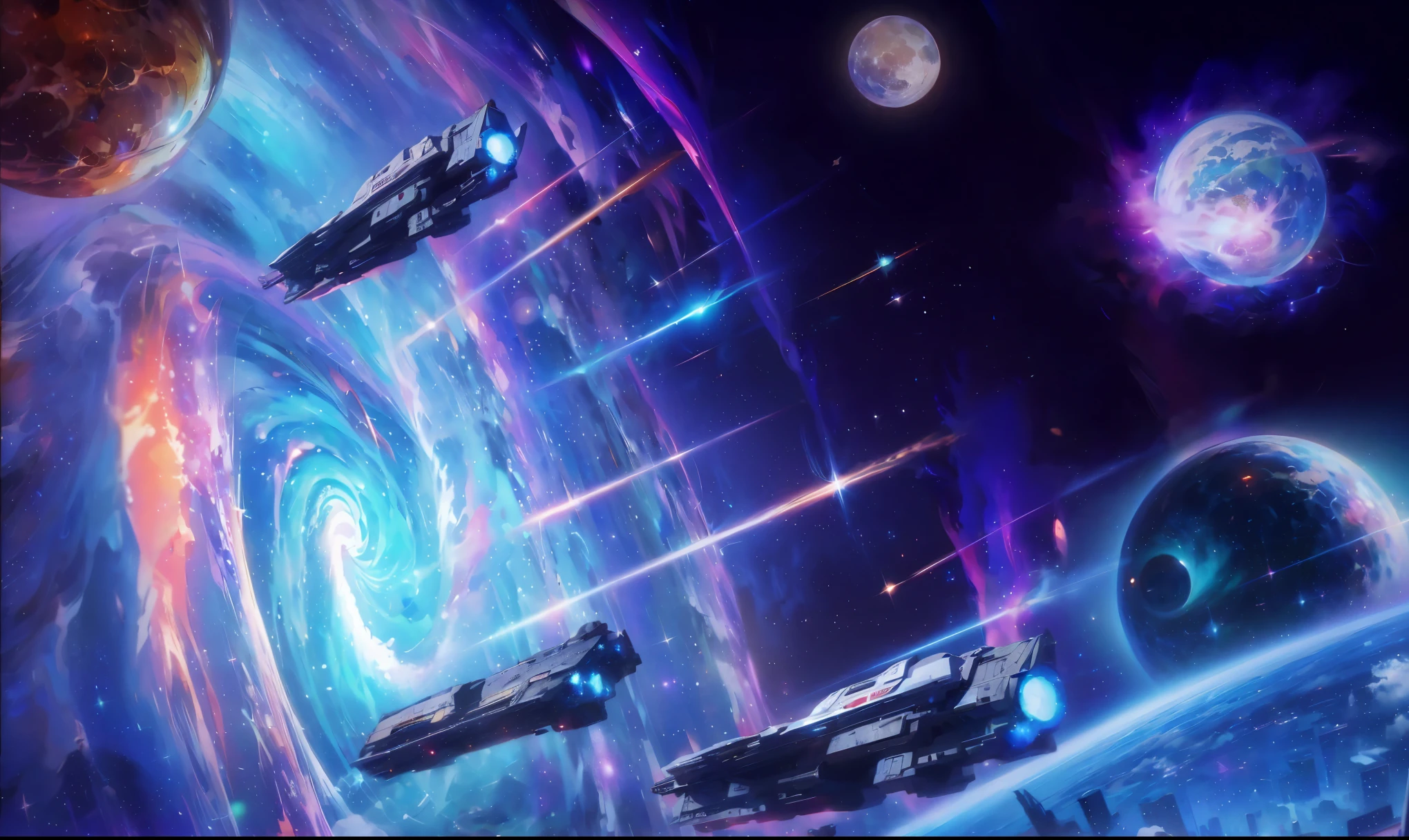 spaceship flight through a galaxy with a spiral background, Epic and beautiful space science fiction, galactic space science fiction, spaceship flight in background, epic spaceship scene