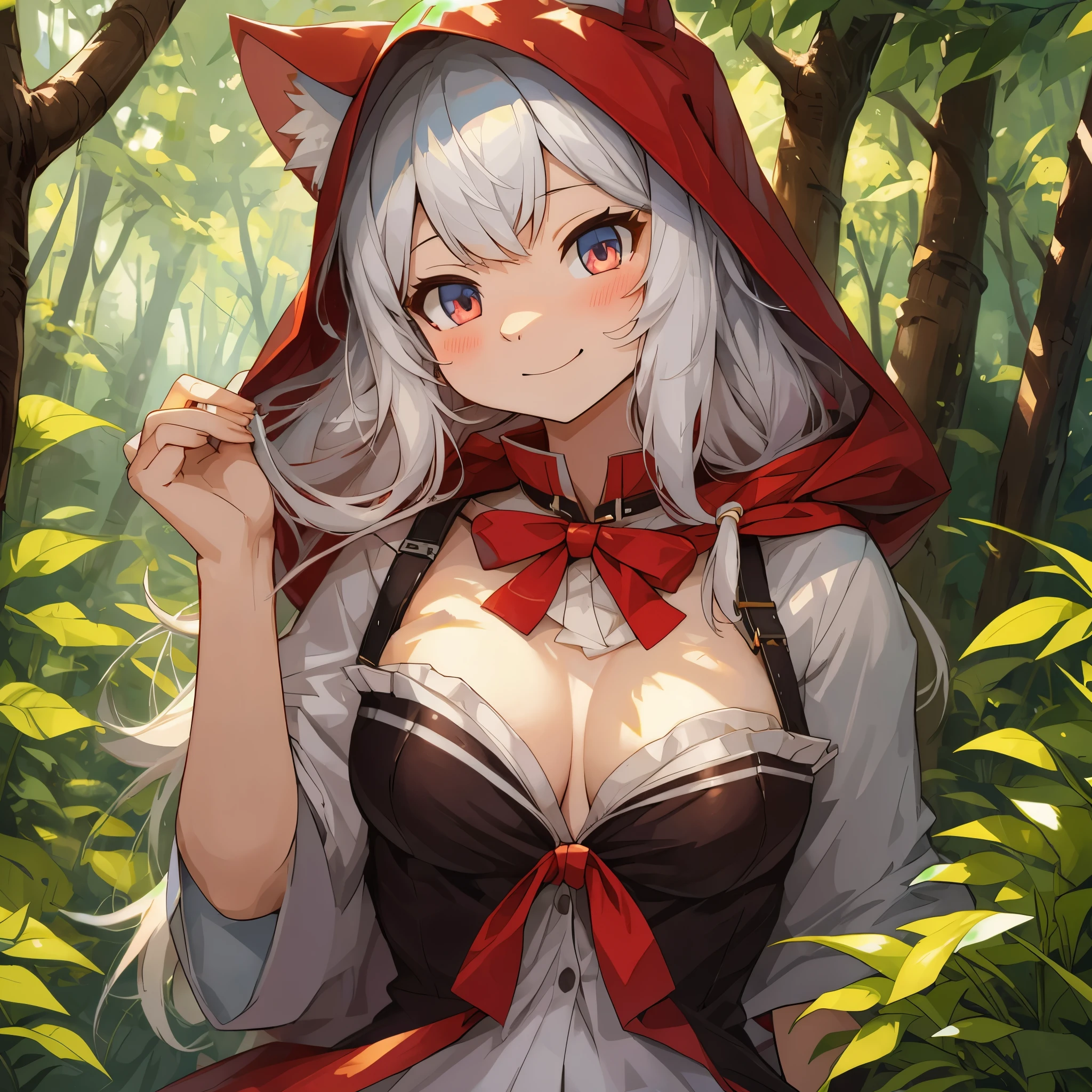top quality, best quality, High-quality illustrations, masterpiece, super high resolution, detailed background, (super cute girl, solo)Little Red Riding Hood, forest, girl, undressing, open Clothes, on back, absurdres(highly detailed beautiful face and eyes)perfect anatomy, embarrassed from, smile:0.2, good lighting, red blush, cinematic shadow(kemono, furry anthro), pov,