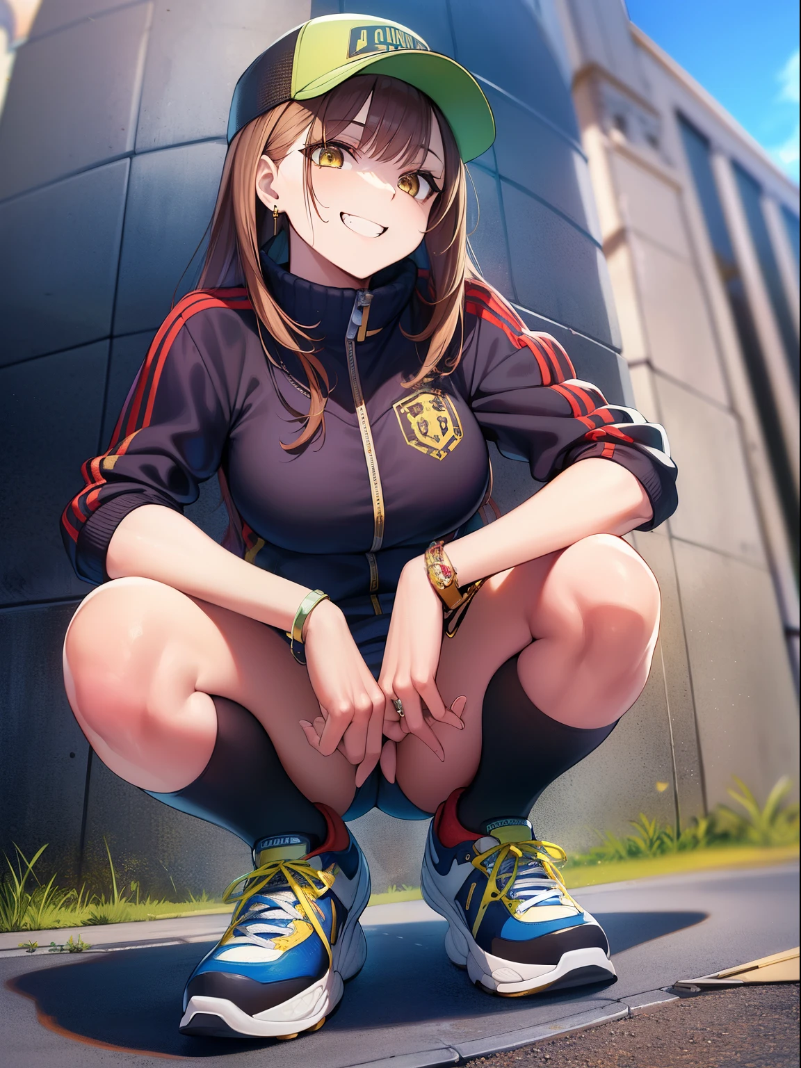 (masterpiece, best quality, absurdres, 4k, aesthetic, detailed, intricate),street,slav squatting,cinematic angle,1girl, air_jordan_1,epfegoldmary,brown hair,long hair,yellow eyes,track suit,grin,gold chain,jewelry,yellow footwear,grin,baseball cap  