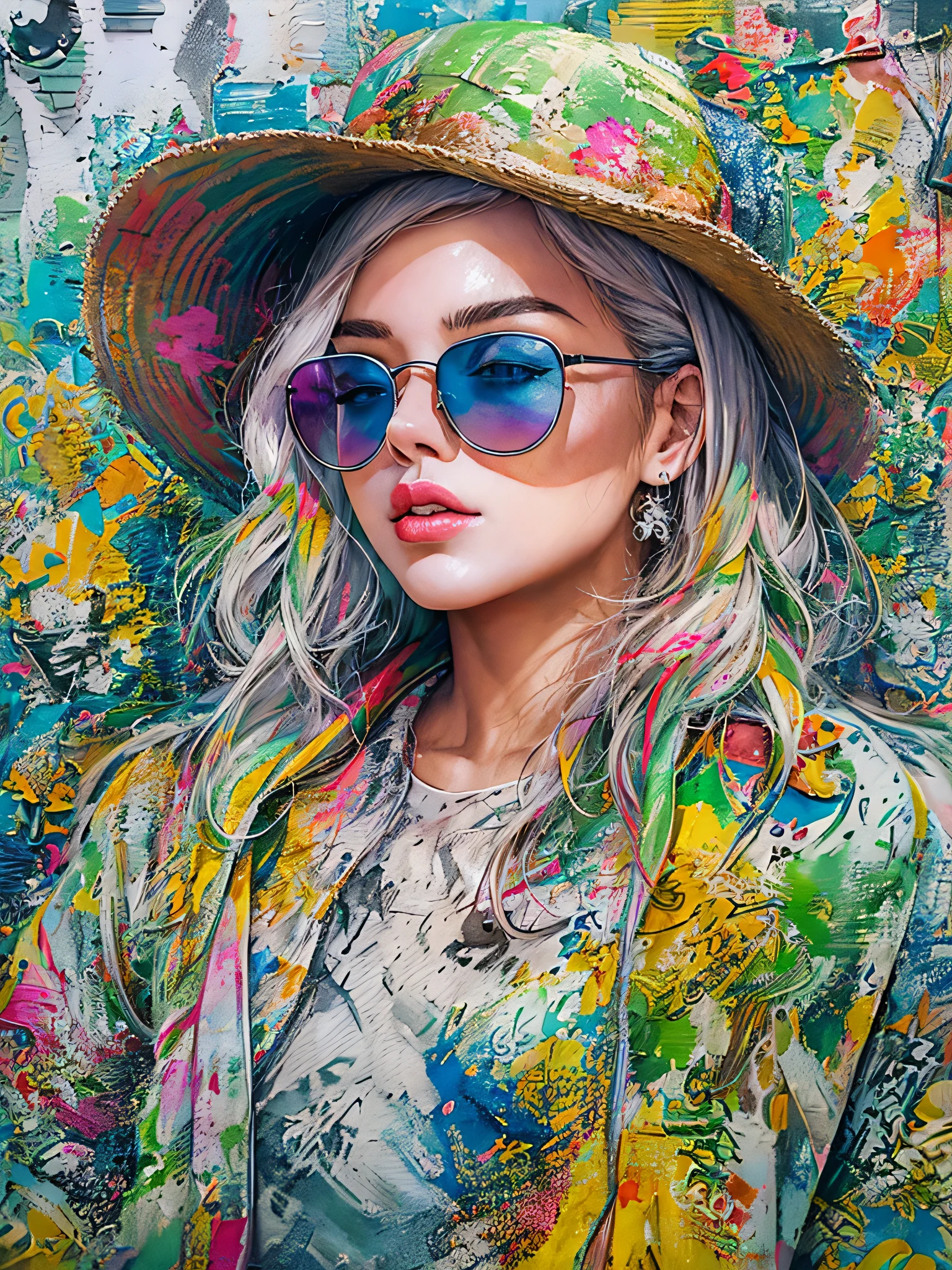 8K quality, watercolor painting, stylish design, (((The strongest beautiful girl of all time)))、Stylish sunglasses, Fashionable hats, (((highest quality))), bob hair, HDR, ((Detailed details)), skull fashion, detailed clothing texture, (((graffiti art))), colorful hair, ((masterpiece))、((Super detailed))、colorful flowers