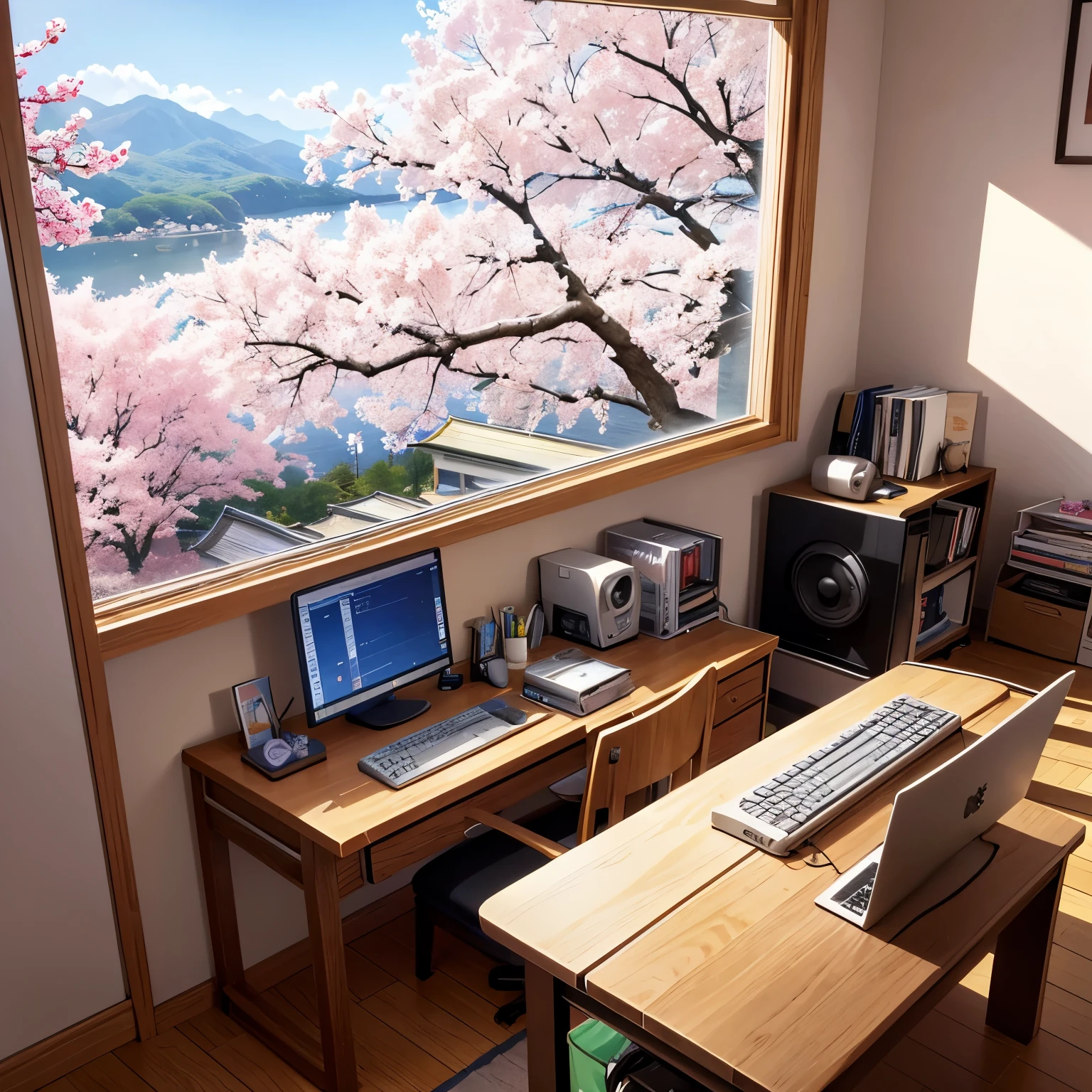 scenery、girl&#39;s room、Computer on desk、部屋から桜のsceneryが見える