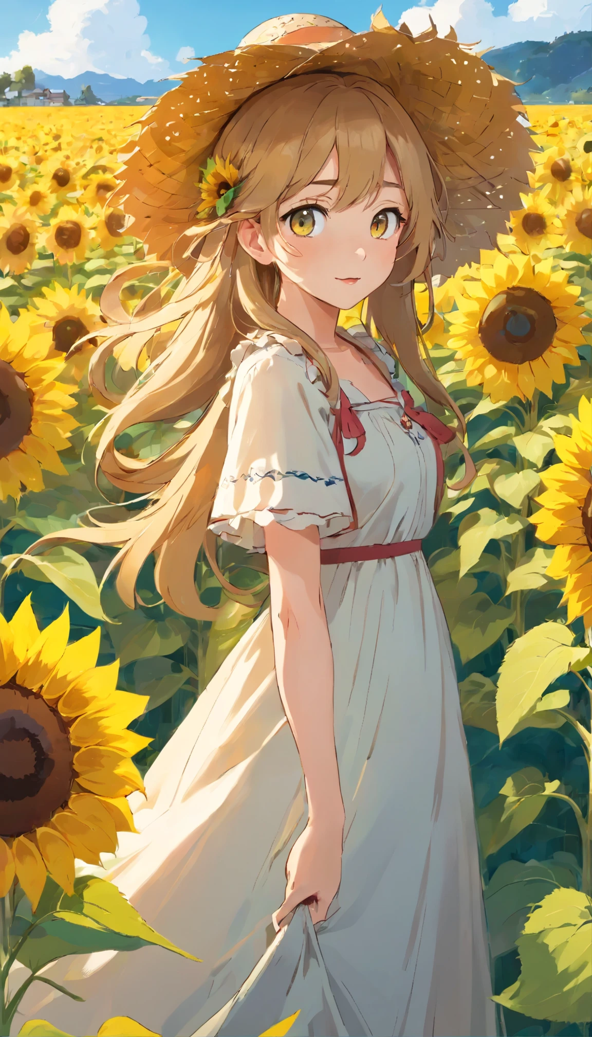 ((Vision))，whole body,  cute girl,long hair，((back camera))，straw hat，dress, ((sunflower field))，high details, high quality, super detail, UHD, masterpiece, ccurate, best quality, 16k