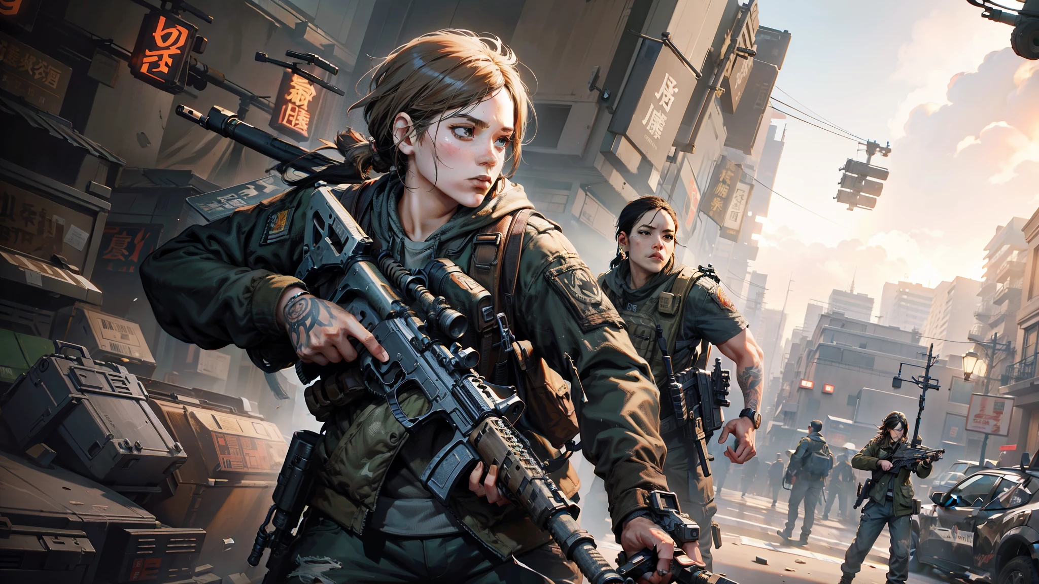 Image of a woman holding a rifle on a crowded street, author：Yang Jie, by Ni Yuanlu, Detailed game art illustrations, author：Ignatius Zuloaga, author：Jeremy Chong, Popular topics on ArtStation.', Nguyen Gia and Joao Nguyen, shadowrun splatter art, Jason Benjamin, game illustration, author：Gabriel Ba