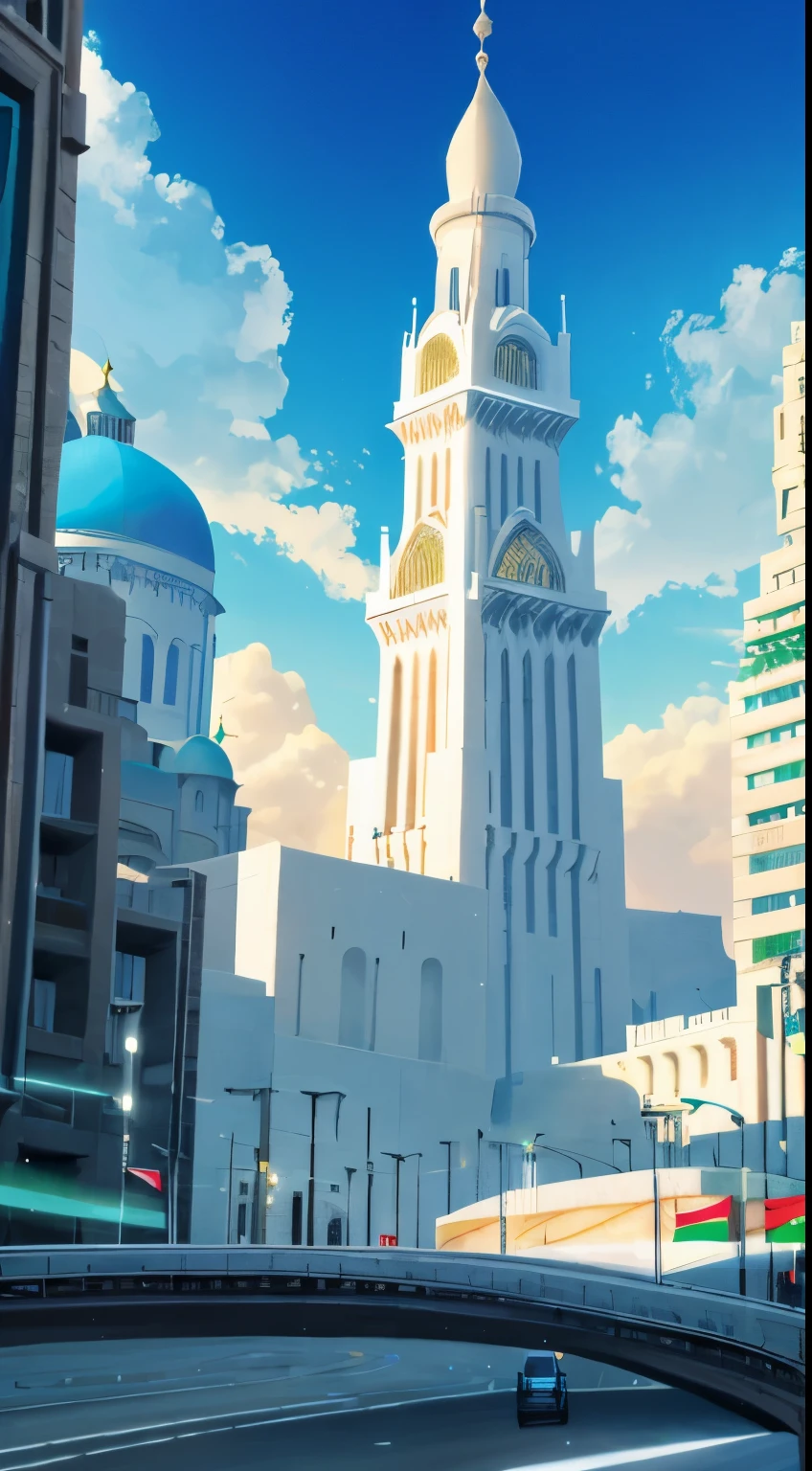 Create a captivating digital artwork depicting a serene and beautiful (futuristic) West Bank Palestine cityscape, featuring bustling streets filled with hovering cars and diverse inhabitants, including men, women wearing hijab, and children. Highlight the beauty of the surroundings with surreal landscapes, and the Palestinian flag proudly flying. Let the scene evoke a sense of hope, harmony, and progress amidst the rich cultural heritage of Palestine.