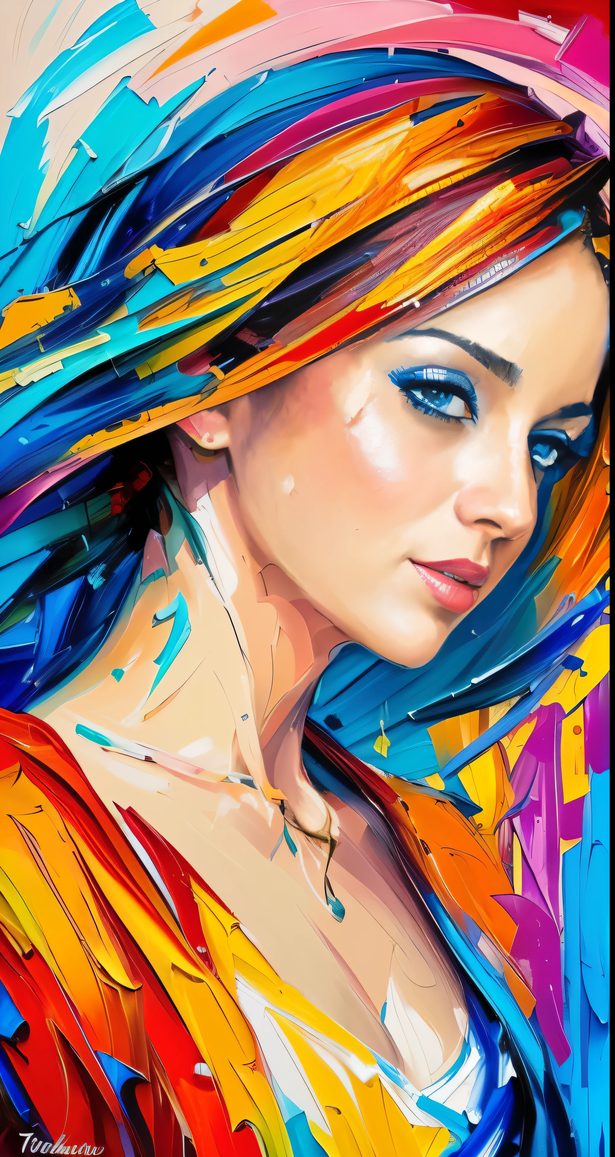 ((Speed Paint) +++ Female portrait, expressive and vibrant, palette knife painting brings the impressionist style to life, brisk brushwork technique captures the essence of the subject, large strokes add texture and depth to the image, the female figure comes alive with bold and dynamic colors, the portrait radiates energy and emotion, a captivating work of art in the impressionist tradition.