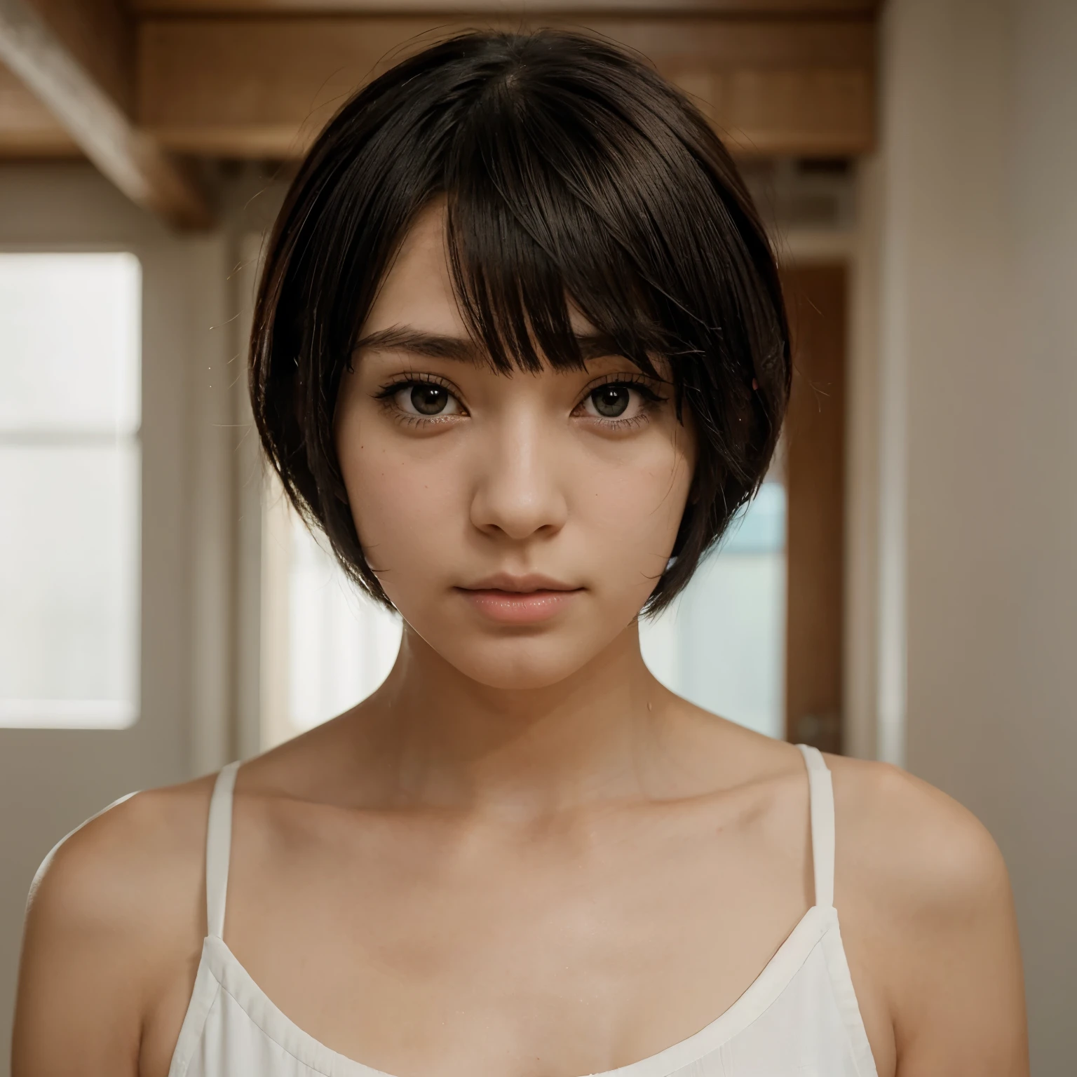 an anime girl with short, sleek hair that ends just above their shoulders, framing their face. Their bangs are long, sweeping across their forehead, adding a touch of mystery and style to their appearance.