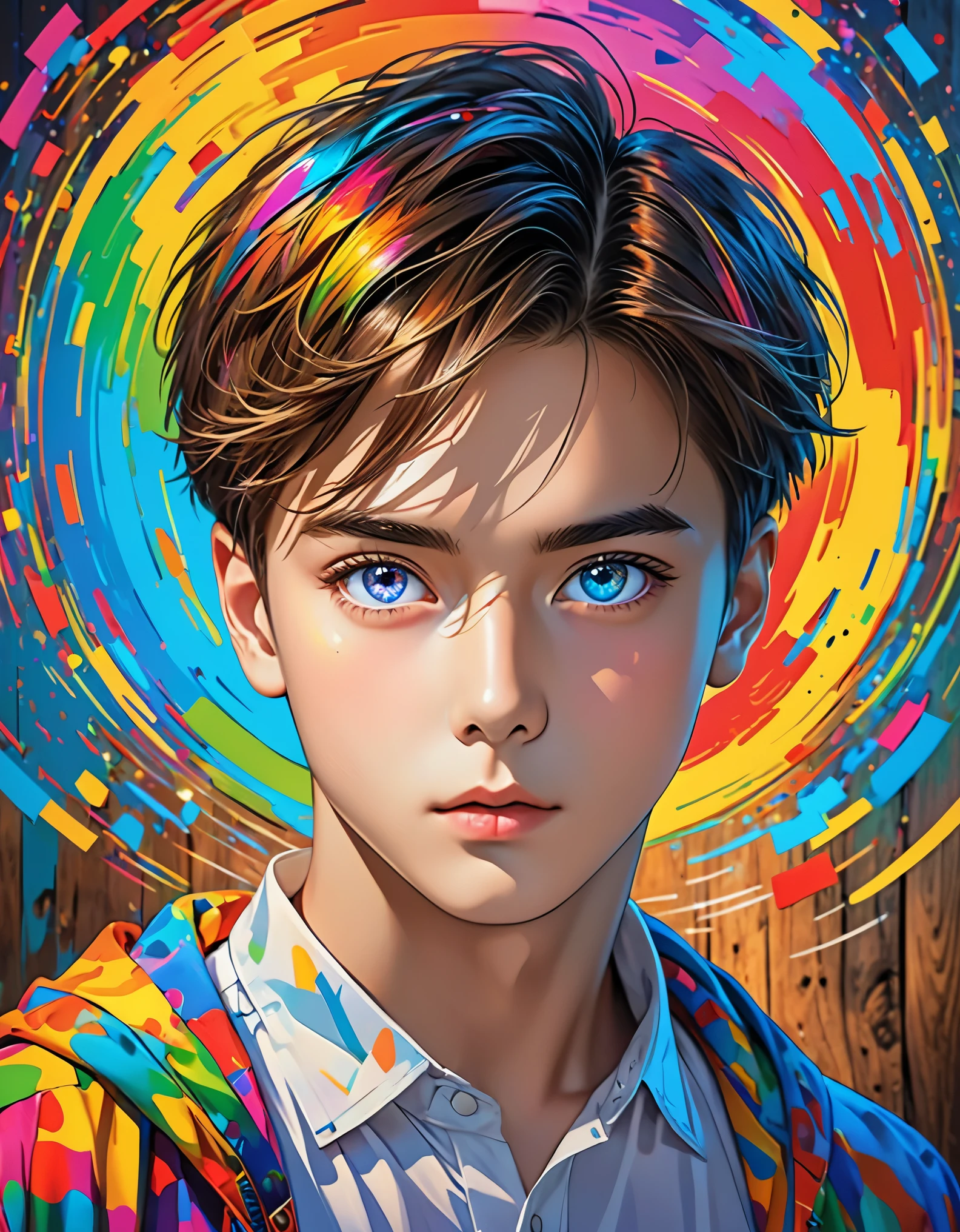 (The art of math), (Pop art), (Phenomenal art), (gorgeous designer+Ultimate quality:1.4), (high dynamic range+), light painting, bright colors, masterpiece art, A boy with colorful eyes, with different colors, both with bright colors, different, heterochromia, protruding eyes, different colors, (Wlop's rustic art scene background:1.5)