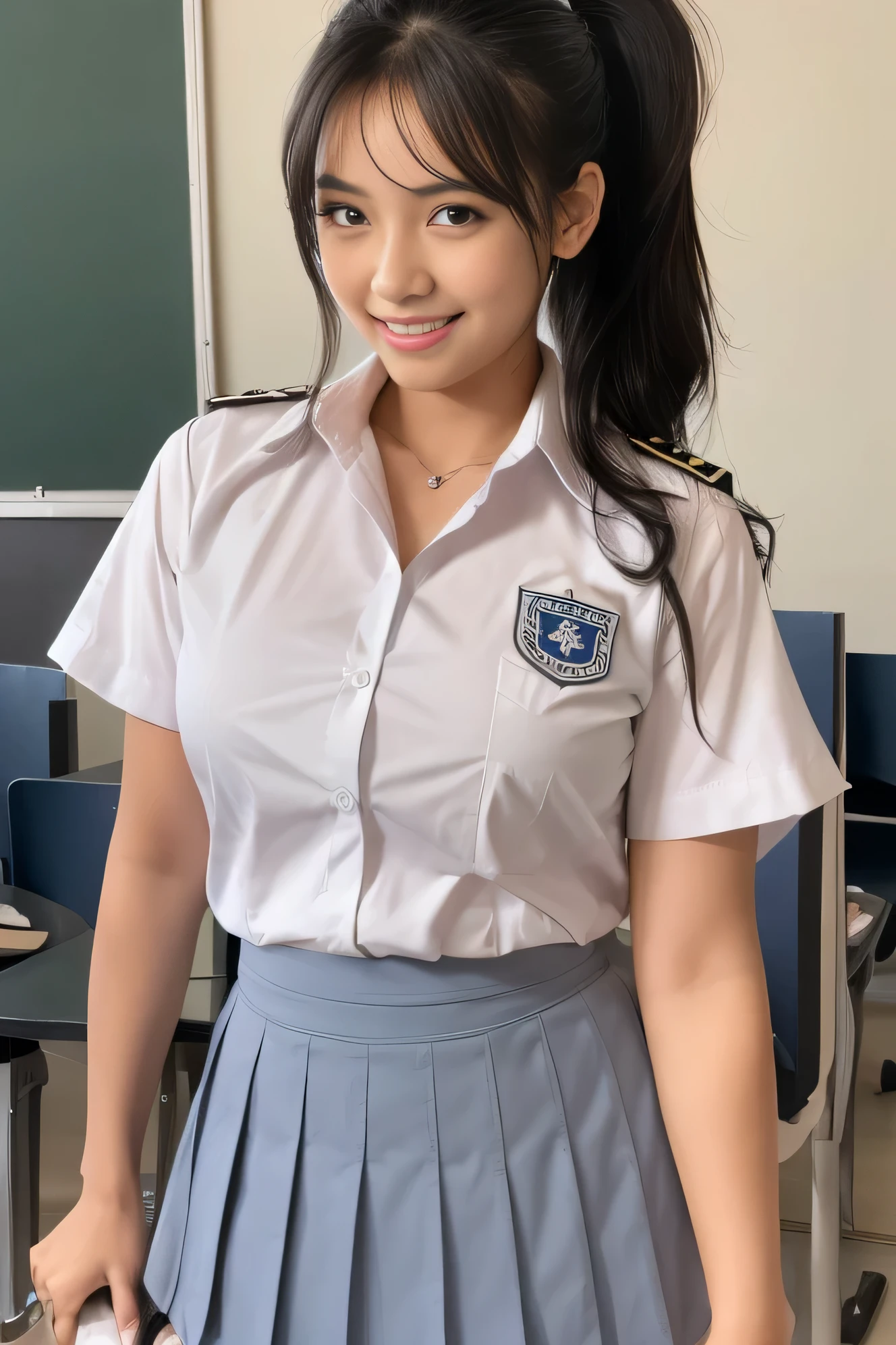 ((malay beautiful girl:1.3)) ((jakarta high school)) ((school uniforms:1.4)) ((panty shot:1.5)) ((full white shirt with button)) ((high school)),((blueish grey skirt:1.4)),white collar, open collar until chest, no tie, ((in the class room:1.3)) ((thin_fabric:1.4)) ((random sexy pose:1.3)) ((sweaty:1.5))((face is flushed:1.4)) ((big breasts:1.2)) ((close-up:1.2)) best quality,masterpiece,ultra high res,(photorealistic:1.4),raw photo,(Authentic skin texture:1.3),(film grain:1.3),panorama,character portrait,very wide shot,narrow waist,cowboy shot,(in the dark, deep shadow, low key, cold light,) night,(()),streaming tears,,dust,Tyndall effect,(expression),1girl,beautiful detailed eyes and face,white jabot,brown eyes,((black hair:1.2)) ((full body:1.3)) ((smile:1.3)) ((ponytail)) ((osis school logo on chest,))