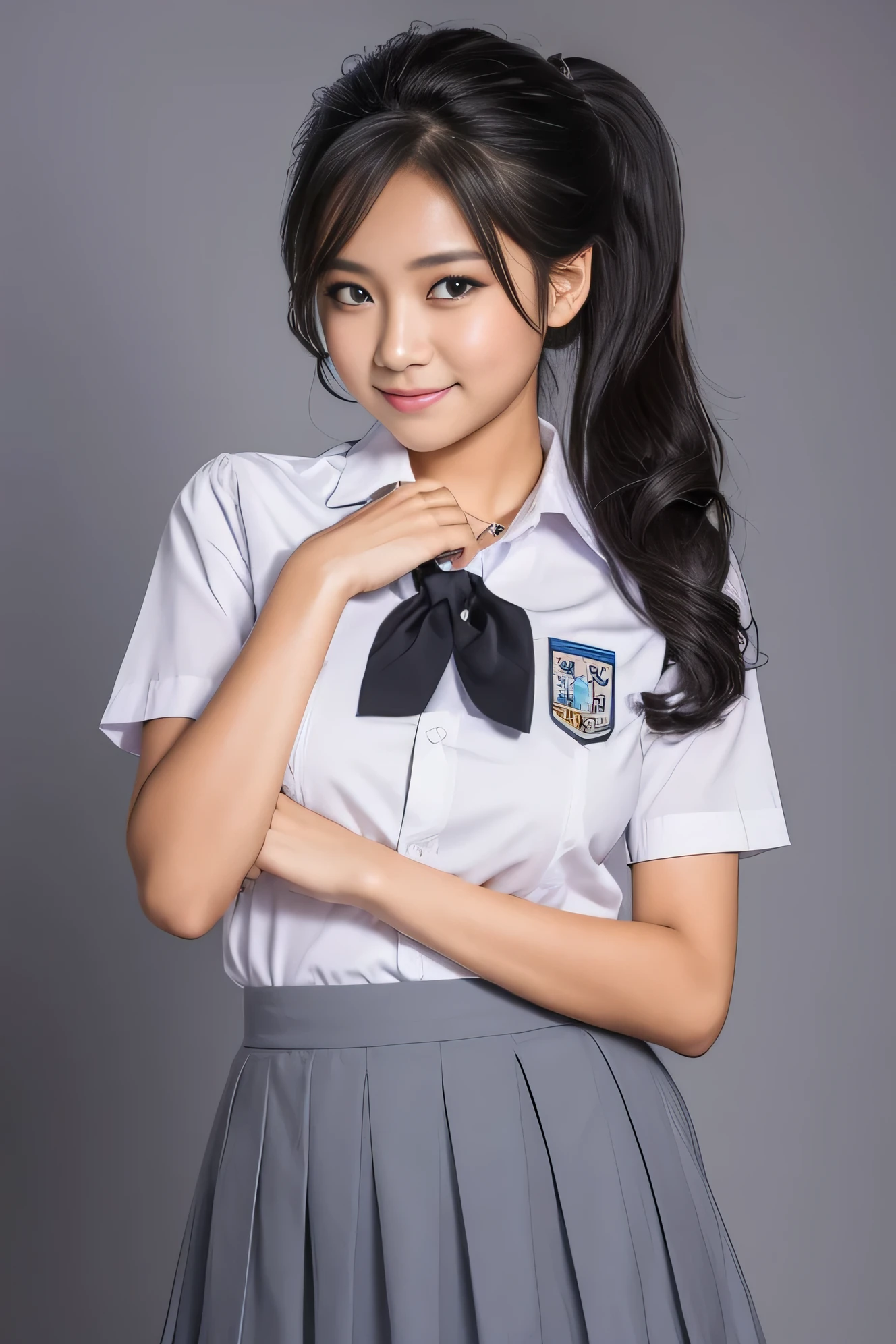 ((malay beautiful girl:1.5)) ((jakarta high school)) ((school uniforms:1.4)) ((panty shot:1.5)) ((full white shirt with button)) ((high school)),((blueish grey skirt:1.4)),white collar, open collar until chest, no tie, ((in the class room:1.3)) ((thin_fabric:1.4)) ((random sexy pose:1.3)) ((sweaty:1.5))((face is flushed:1.4)) ((big breasts:1.2)) ((close-up:1.2)) best quality,masterpiece,ultra high res,(photorealistic:1.4),raw photo,(Authentic skin texture:1.3),(film grain:1.3),panorama,character portrait,very wide shot,narrow waist,cowboy shot,(in the dark, deep shadow, low key, cold light,) night,(()),streaming tears,,dust,Tyndall effect,(expression),1girl,beautiful detailed eyes and face,white jabot,brown eyes,((black hair:1.2)) ((full body:1.3)) ((smile:1.3)) ((ponytail)) ((osis school logo on chest,))