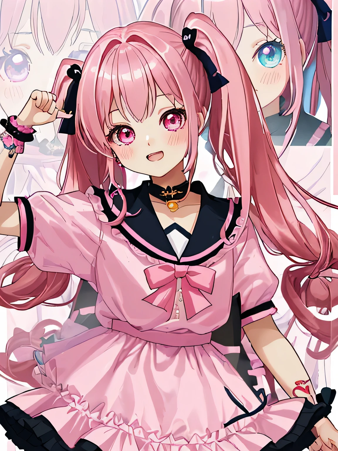 Xu high quality、Two-dimensional beautiful girl、cute、girl、Dark pink hair、Hair style is twin tails、lots of races、clothes with pink jewels、cute costume、Original image 8K、Idol、live、that'winking at me、clothes with heart jewelry、independent、Clothes with a collar、Fluffy short sleeves、Fluffy skirt、zoom on face、The background is beautiful、super high quality、cute hairstyle、eyes are shining