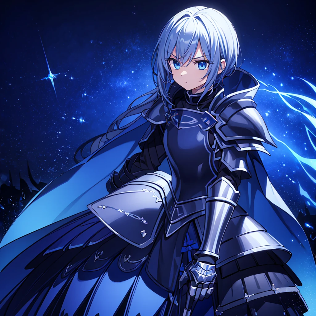 (masterpiece)、(highest quality)、(One male)、(serious expression)、(knight in streamlined armor)、(blue cloak)、(armor texture)、(dark background)、luster、shadow