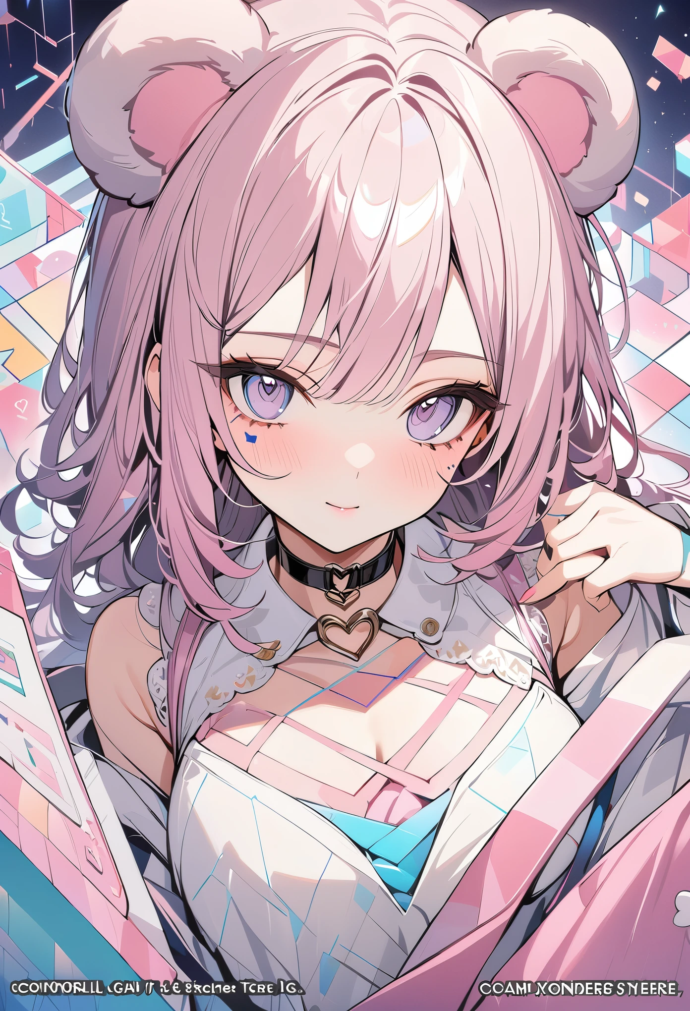 ,beautiful flower々),mole under eye, heart shaped choker, (masterpiece, highest quality), official art, beautiful and aesthetic: 1.2), (1 girl), very detailed, (geometry art: 1.3), colorful、pink bob hair、bear ears、 whole body、smile